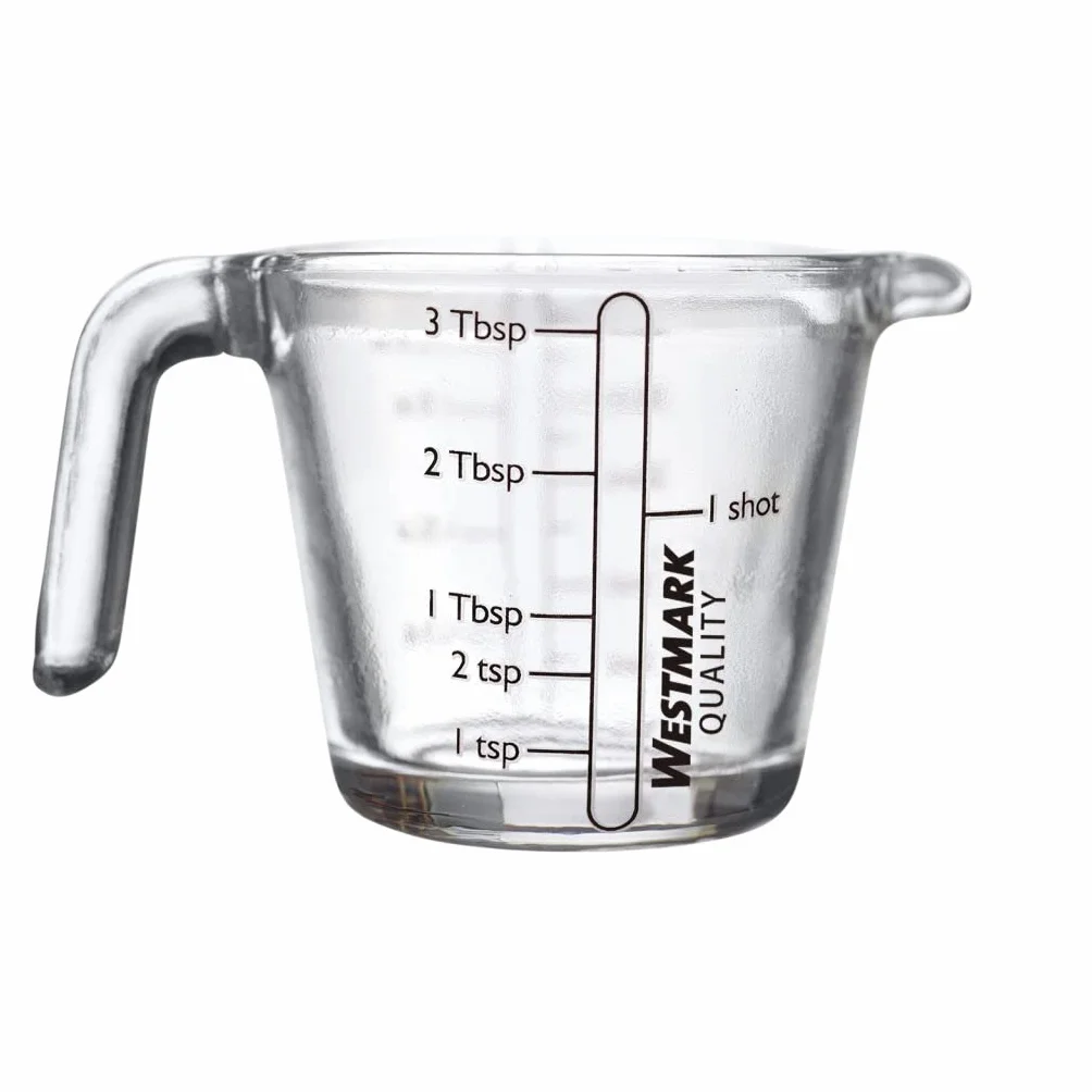 Westmark 305522E3 2 mini szklanki z miarką, 40 ml, 4 różne skale, nadają się do piekarnika, kuchenki mikrofalowej i zamrażarki, kolor przezroczysty/czarny