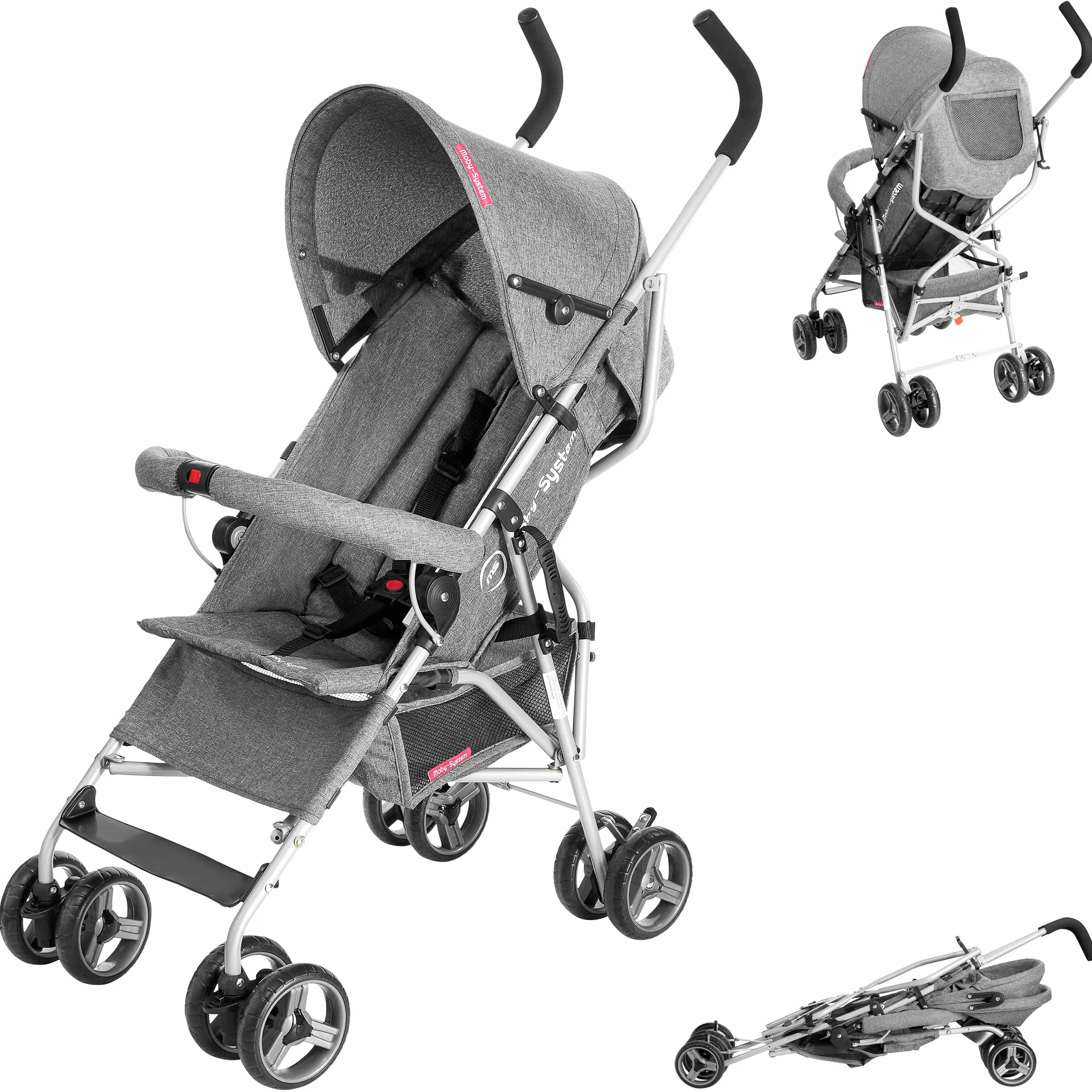 Moby-System Wózek Dziecięcy, Spacerówka, Lekki Wózek dla Dziecka, dla Dzieci do 14 kg, Regulowane Oparcie, Podwójne, Obrotowe Koła z Pianki, Składany, z Daszkiem i Pokrowcem Przeciwdeszczowym, Szary