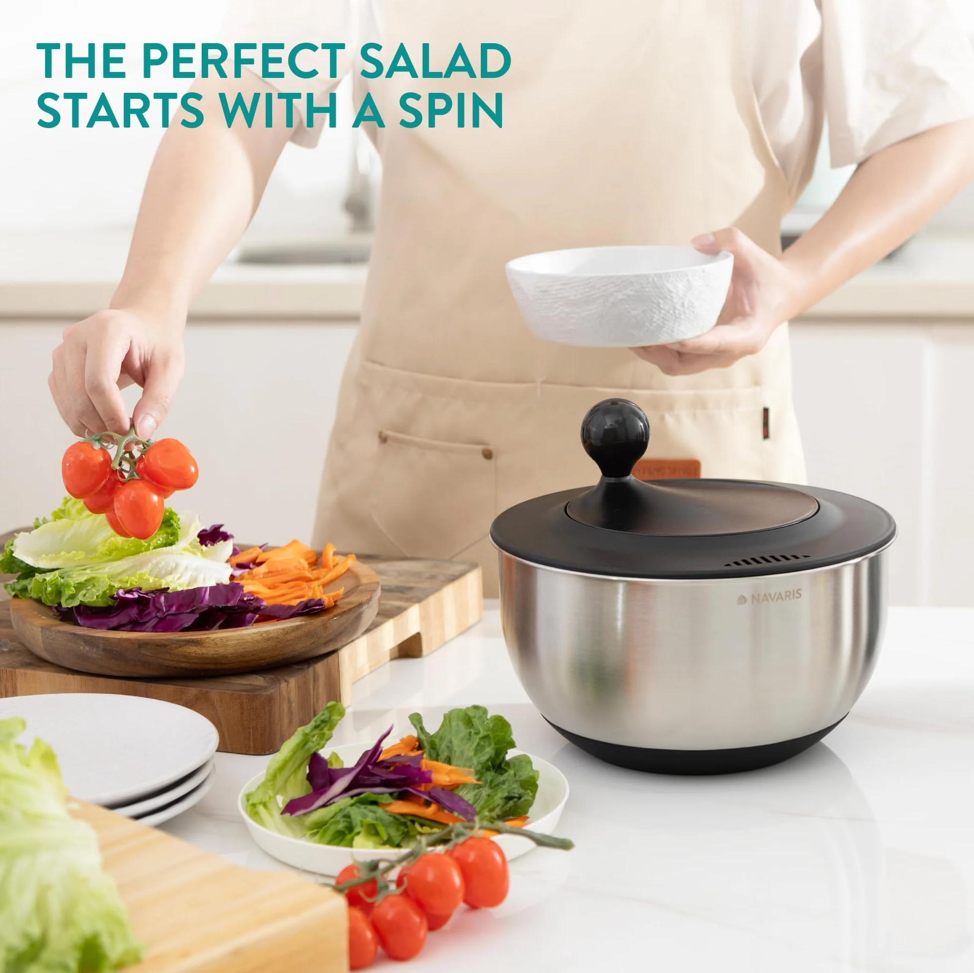 Navaris Osuszacz sałatkowy z pokrywką - Wirówka ze stali nierdzewnej - Łatwe do mycia na sucho i wirowania warzyw, sałatki owocowej - Salad Spinner