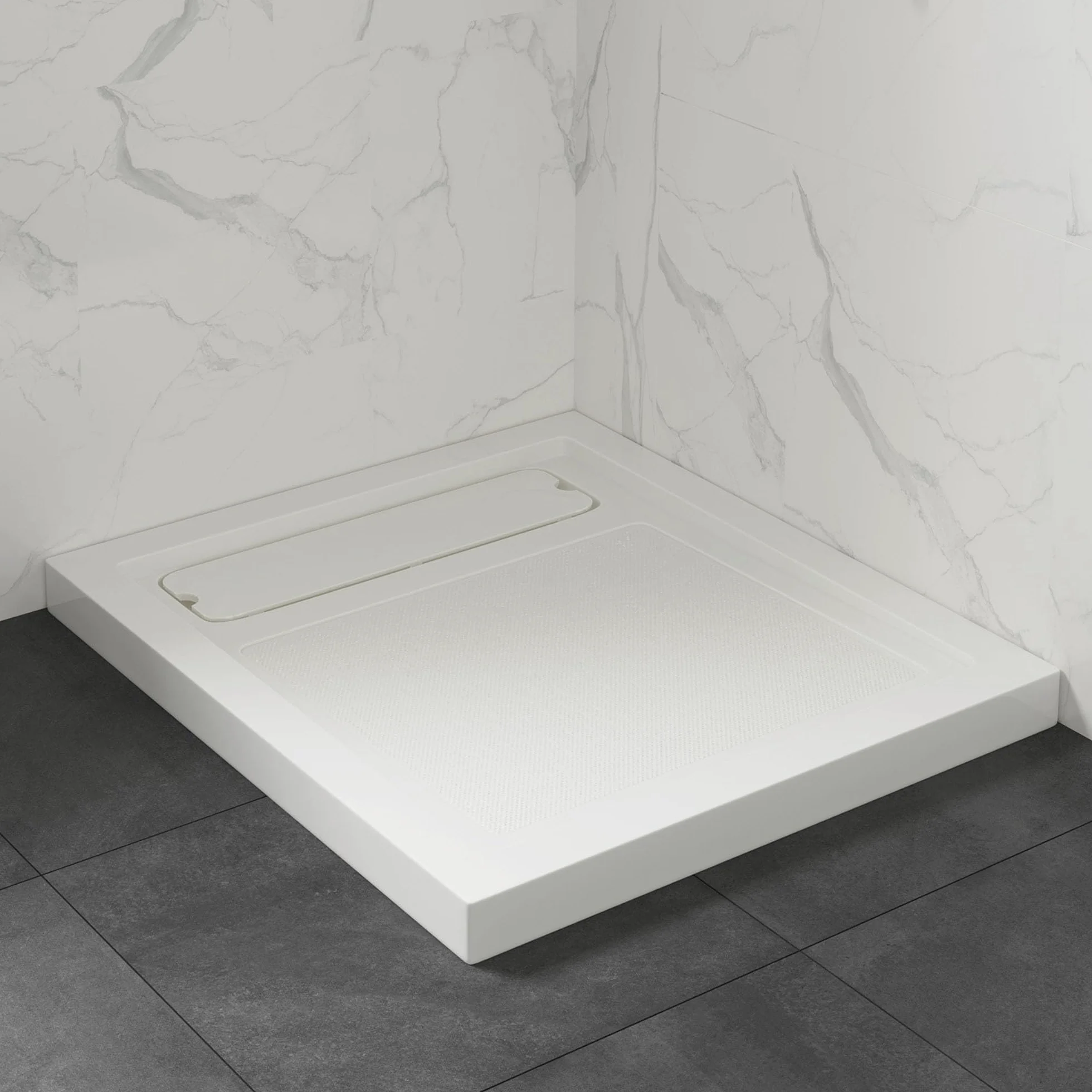 OVE Decors 81 cm szer. x 91 cm gł. podstawa prysznicowa prostokątna, ukryty odpływ boczny, biały akryl, odwracalna konstrukcja