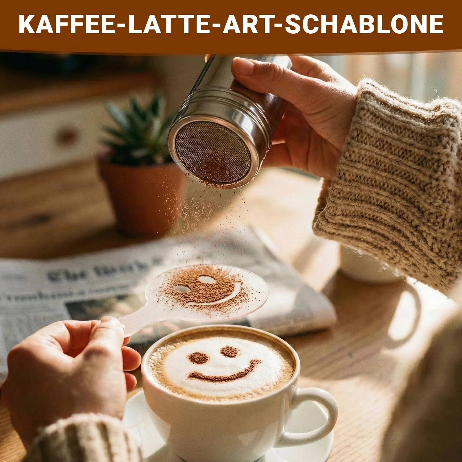 2 sztuki cukierniczek do kakao, ze stali nierdzewnej, z pokrywką utrzymującą świeżość i 16 części, szablony do cappuccino, 10 naklejek Crayful, solniczka do kakao, sitko do cappuccino