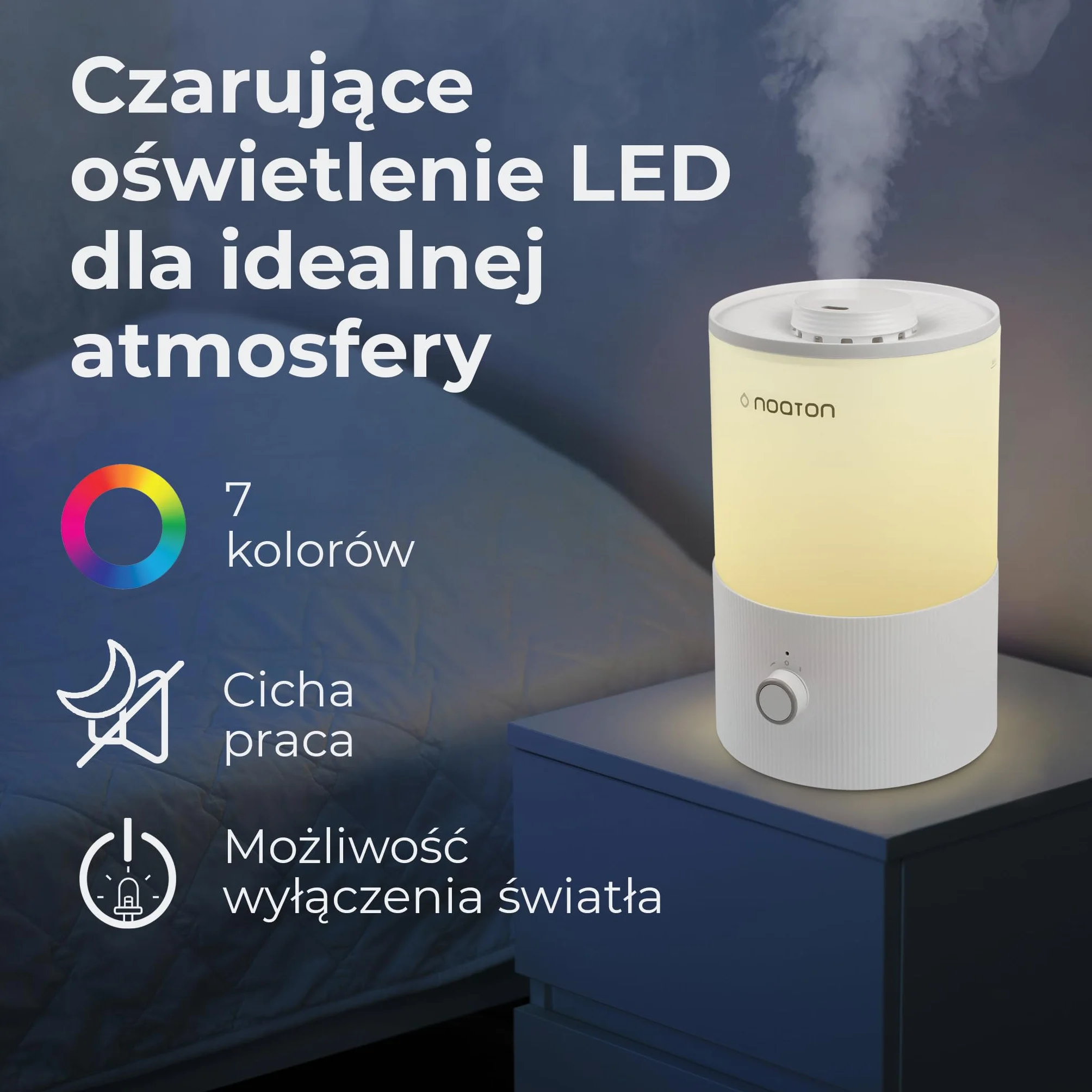 Noaton Essential Nawilżacz Powietrza 3,3L, Napełnianie od Góry, 33h Pracy, Oświetlenie LED
