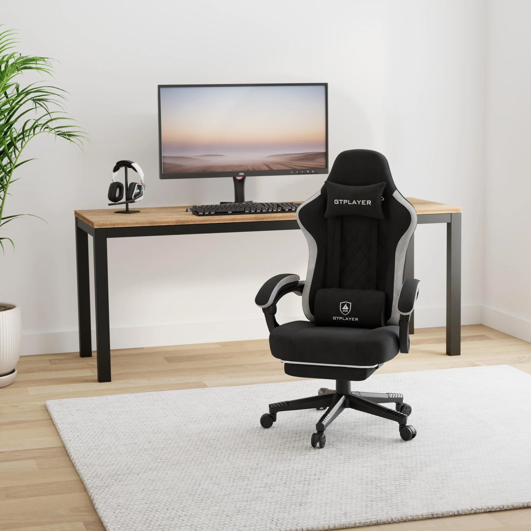 GTPLAYER Fotel gamingowy, komputerowy fotel biurowy z kieszonkową poduszką sprężynową, podłokietnikami i podnóżkiem, ergonomiczne krzesło komputerowe z wysokim oparciem, z podparciem lędźwiowym