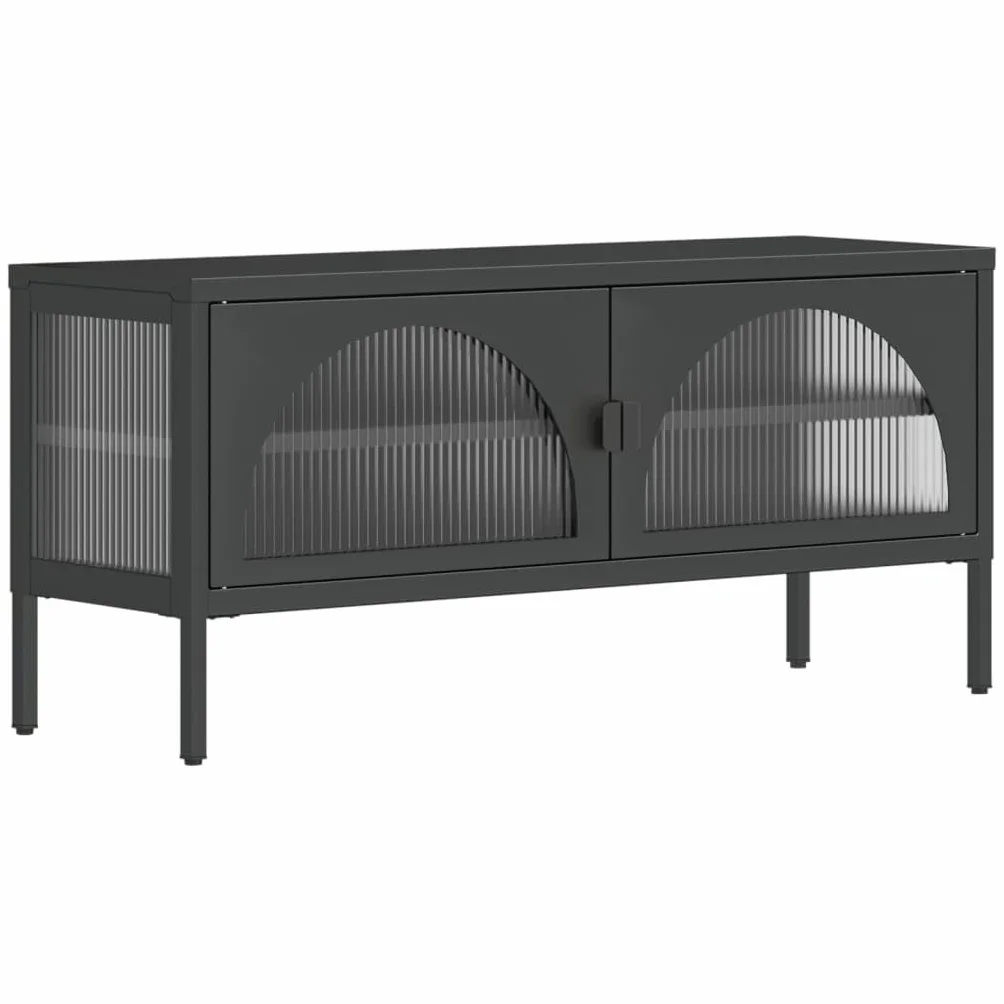 Szafka pod telewizor, czarna, 105 x 35 x 50 cm, szkiełko, stal malowana proszkowo, nowoczesna, do salonu, konsola multimedialna