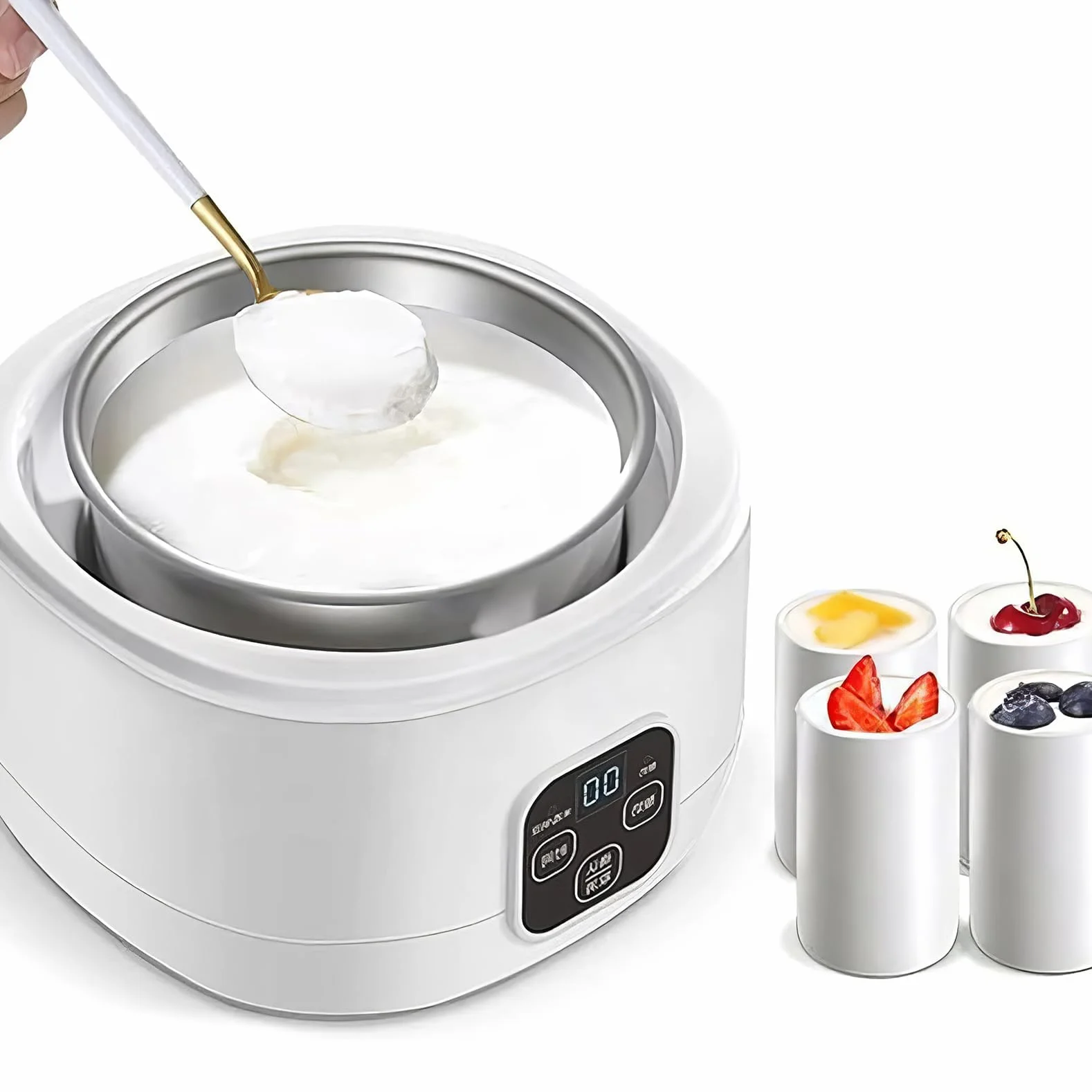 Urządzenie do robienia jogurtu 1000 ml z 4 ceramicznymi kubkami pomocniczymi, wyświetlaczem LED, regulowaną temperaturą i timerem, do przygotowywania organicznego jogurtu, Natto, zdrowych domowych des