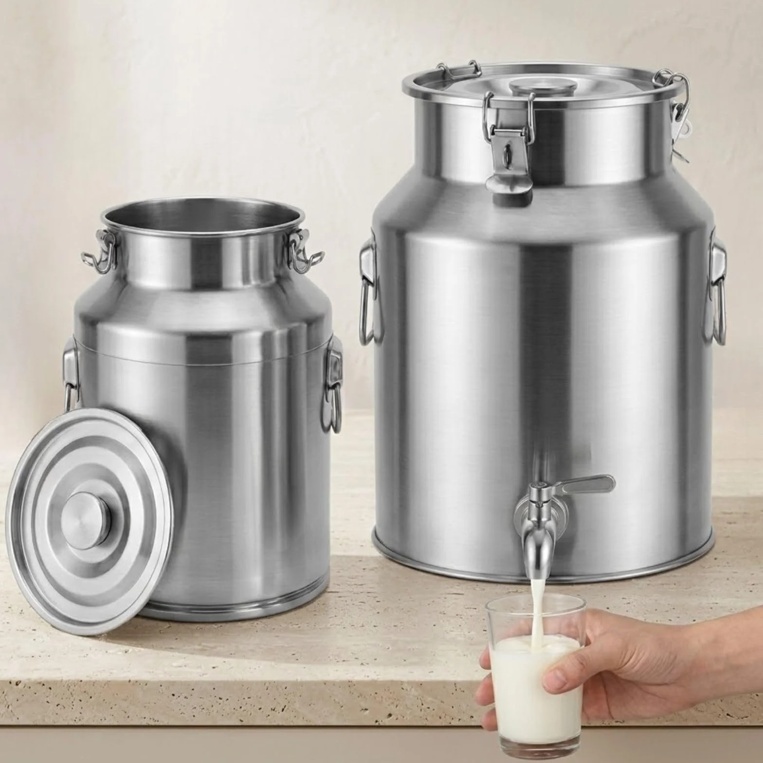 5L 7L 9L Bańka Na Mleko Ze Stali Nierdzewnej Z Kranem Do Napojów | Solidne Metalowe Wiadro Szczelna Pokrywa Pojemnik Do Przechowywania Wina Oleju(With Spigot,42L)