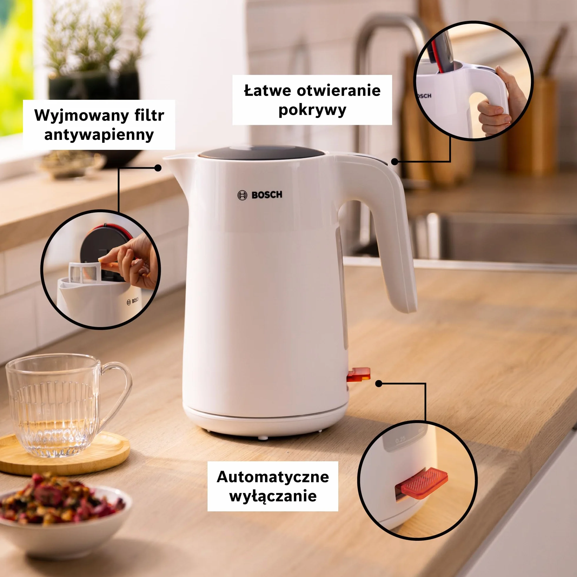 Bosch, czajnik elektryczny, MyMoment, ergonomiczna budowa, duży otwór, potrójne zabezpieczenie, filtr antyosadowy, pojemność 1,7 l, wysokiej jakości plastik, biały, TWK2M161