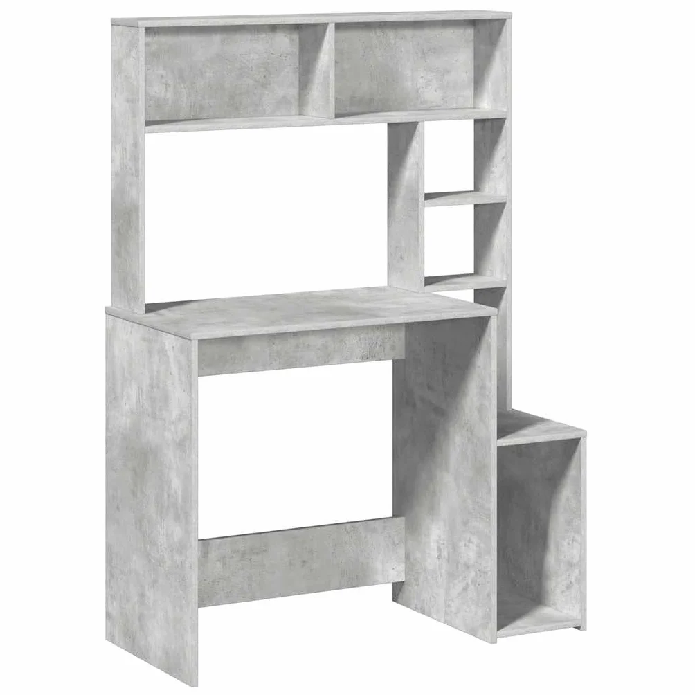 Hothingwell Biurko z półkami szare betonowe 100x45x140 cm drewno inżynieryjne | Odporna na wilgoć gładka powierzchnia, podwyższone i dolne otwarte półki, uniwersalne przechowywanie na biurko lub