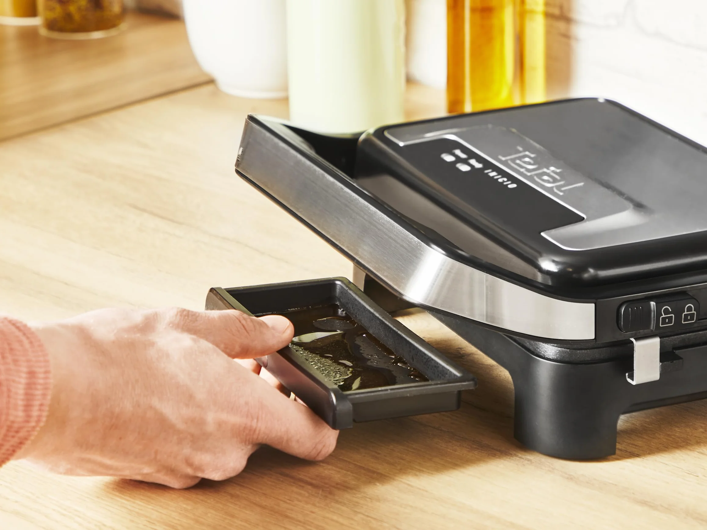 TEFAL GC270D10 Opiekacz do panini i grill Inicio Compact, 2w1, porcja dla 2 osób, szybkie nagrzewanie, 1000 W, nieprzywierające płyty, wyjmowana tacka ociekowa, pionowe przechowywanie, srebrno-czarny