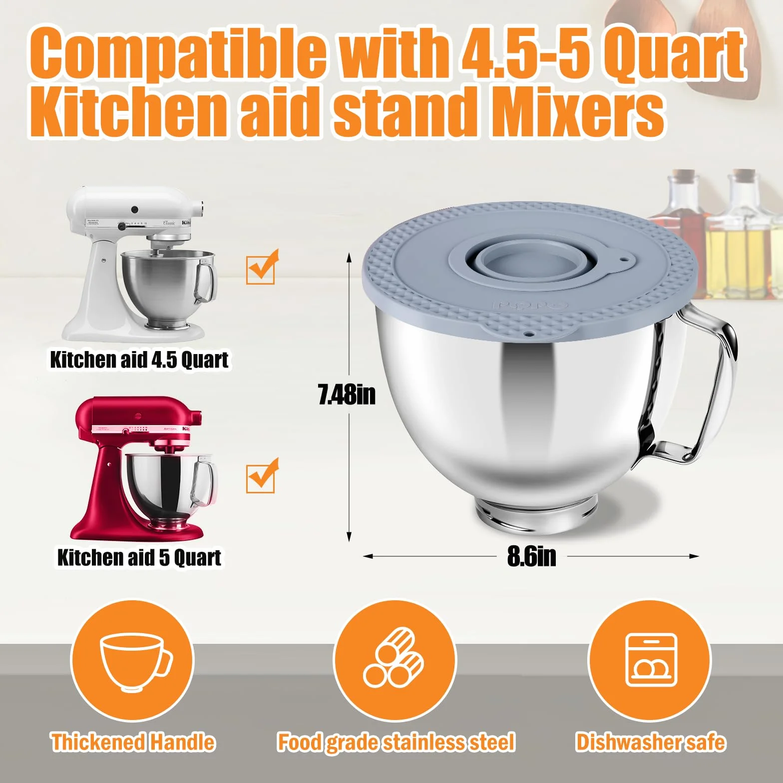 Zestaw misek blendera ze stali nierdzewnej 5 czwartych kompatybilny z mikserami stojącymi z głowicą uchylną Kitchen Aid 4,5 do 5 czwartych (5-czwarta miska+biała pokrywa)