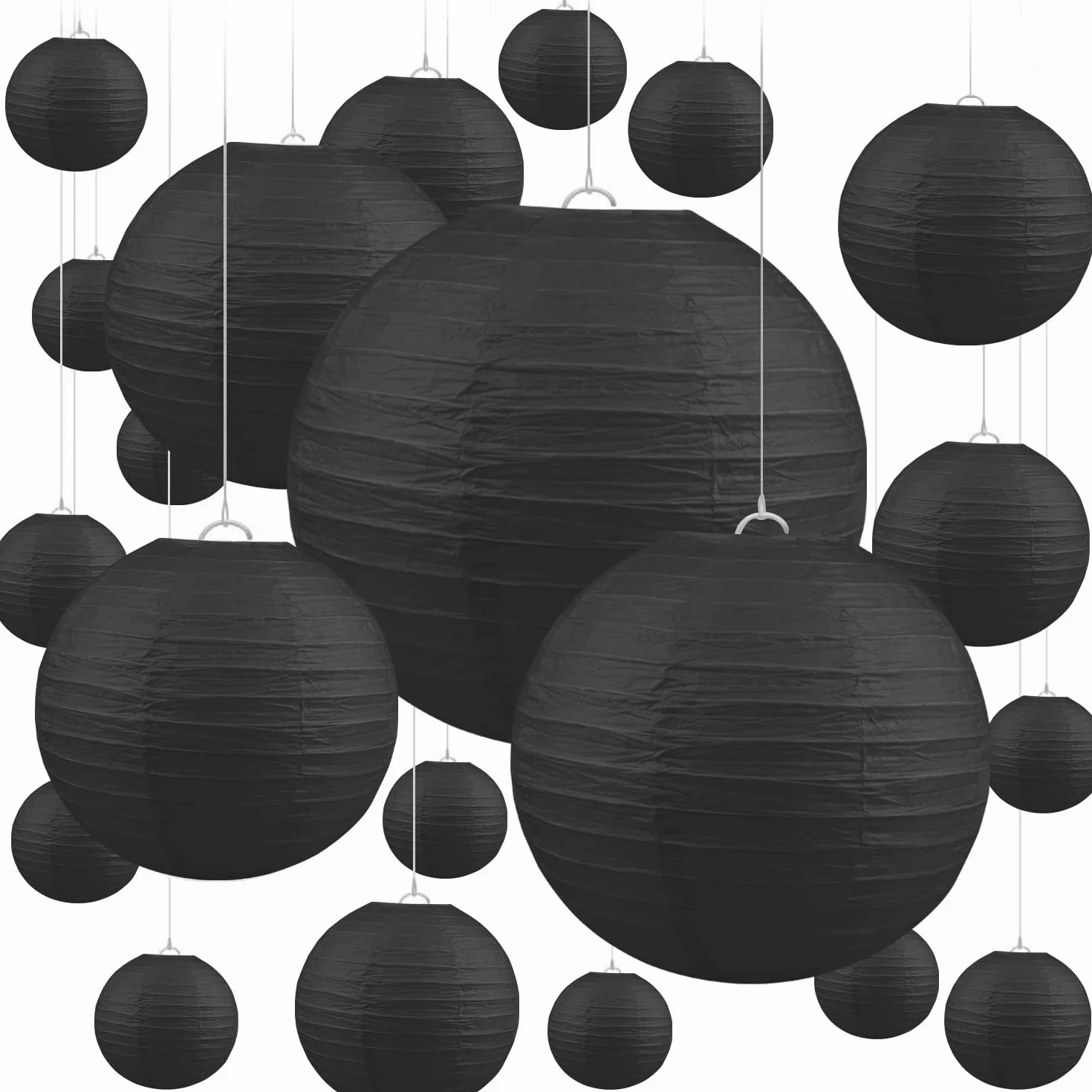 Jangostor 20 sztuk czarnych papierowych lampionów – okrągłe latarnie wiszące, 15 cm, 20 cm, 25 cm, 30 cm, różne rozmiary, na wesele, urodziny, uroczystości, do ogrodu