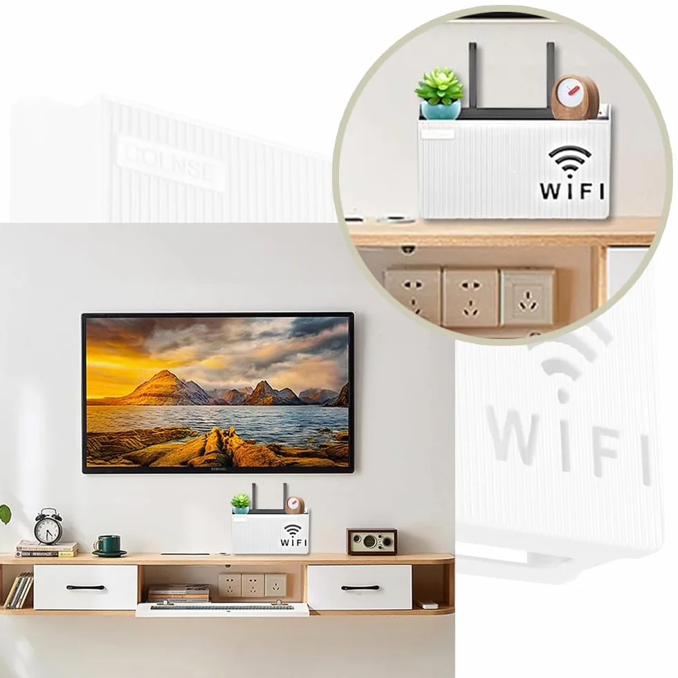 Naścienny pojemnik do przechowywania routera WiFi, biały, wentylowana półka z tworzywa ABS, organizer na routery, dekoder i konsolę do gier, ukryty tłumik kabli ze śrubami rozporowymi, oszczędność