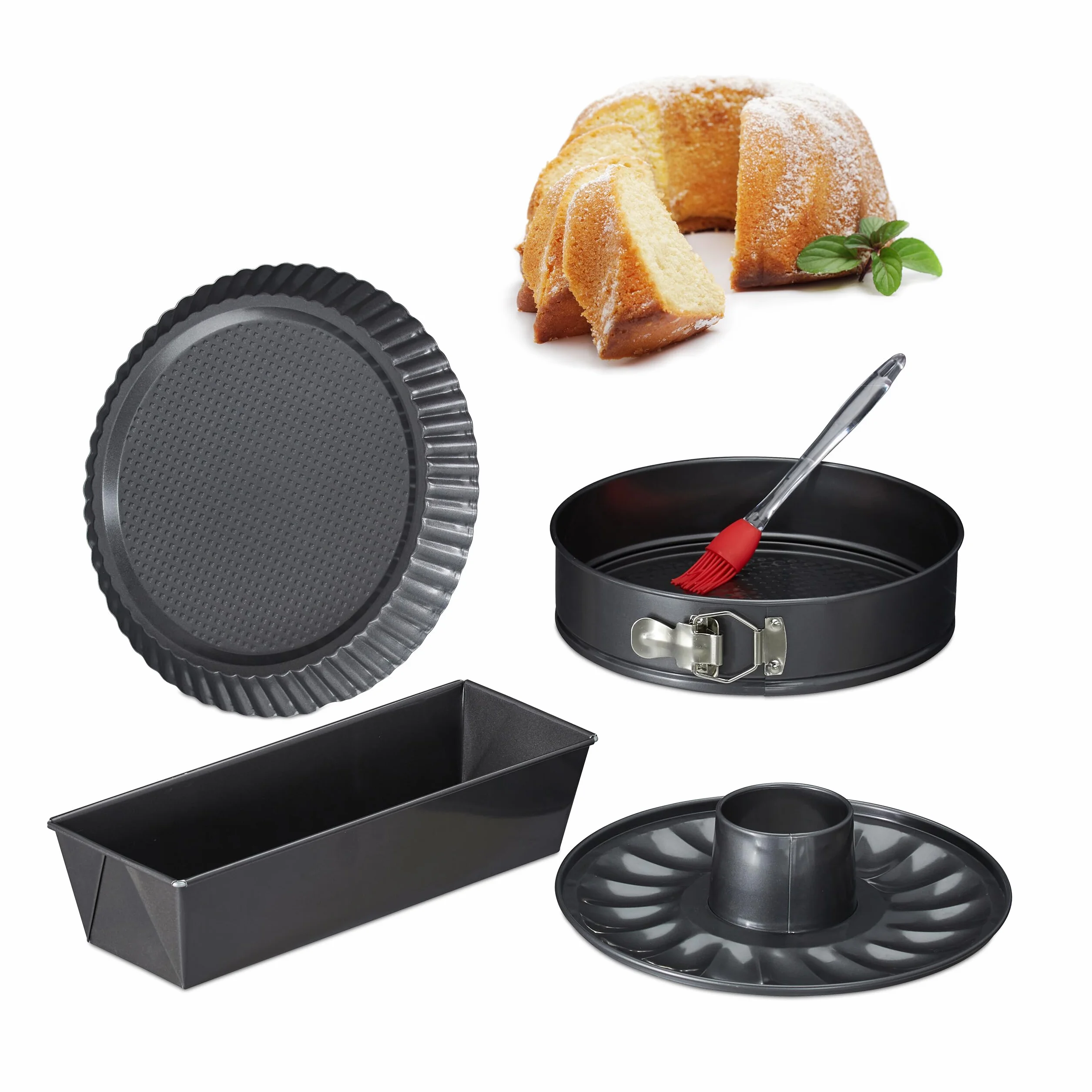Relaxdays Zestaw 5-częściowy tortownicy z dnem rurowym, forma do pieczenia, stal, antracyt