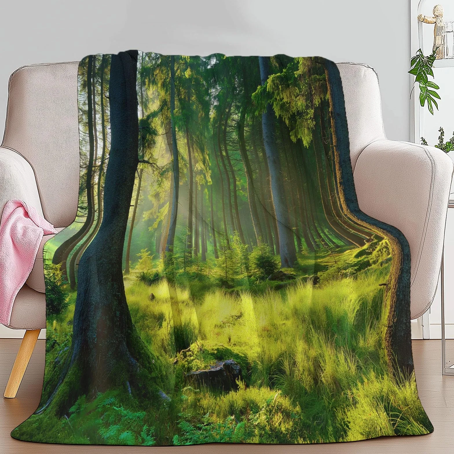 Koc polarowy flanelowy Natura las Słońce Polar, narzuta na sofę, przytulny koc, 2-osobowy koc na łóżko w kratę zimowy, 220 x 240 cm Żółty Zielony