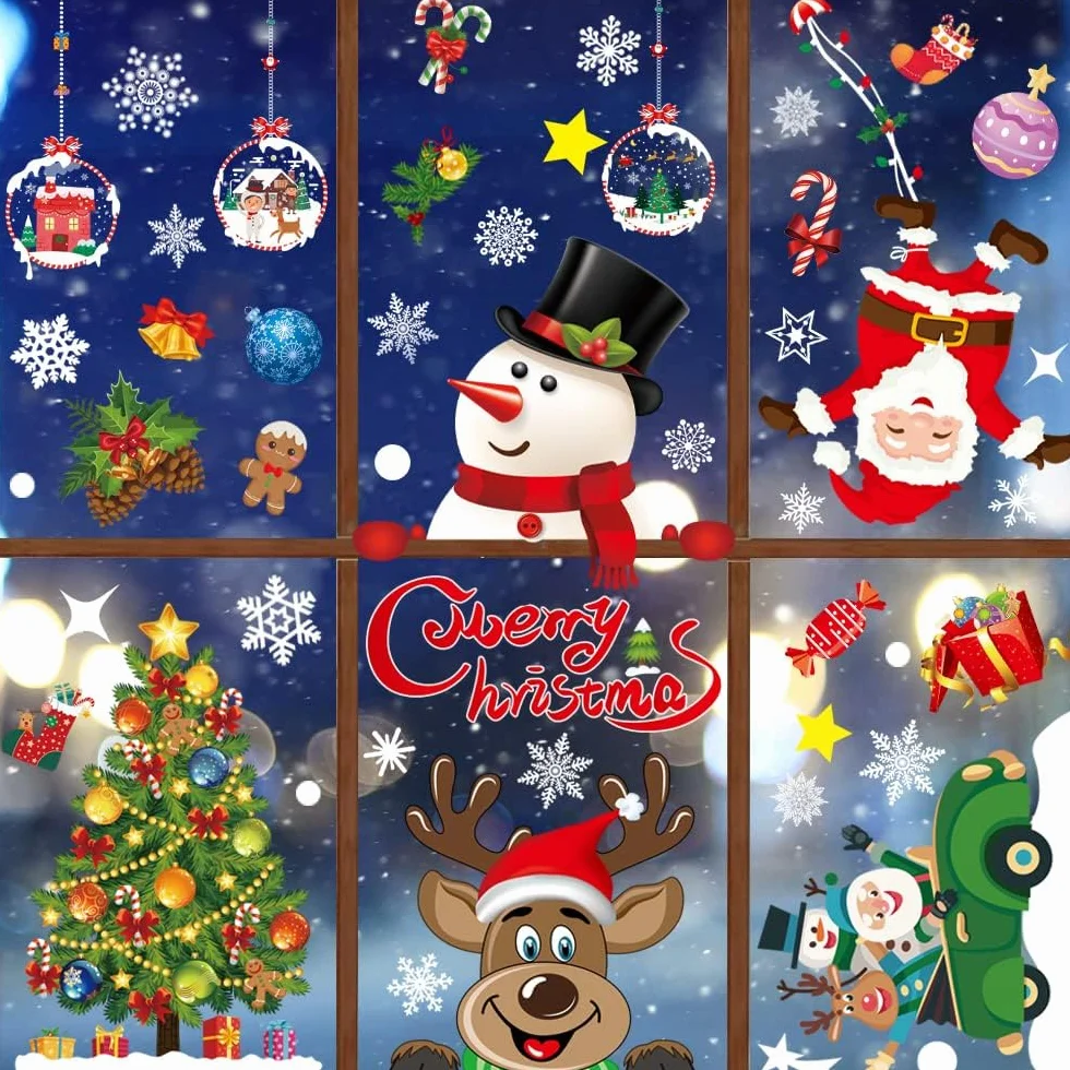 Świąteczne naklejki na okna Clings, Świąteczne dekoracje okienne Xmas naklejki na okna Dwustronne świąteczne naklejki na okna Decals Wielokrotnego użytku naklejki świąteczne na okna (8 arkuszy