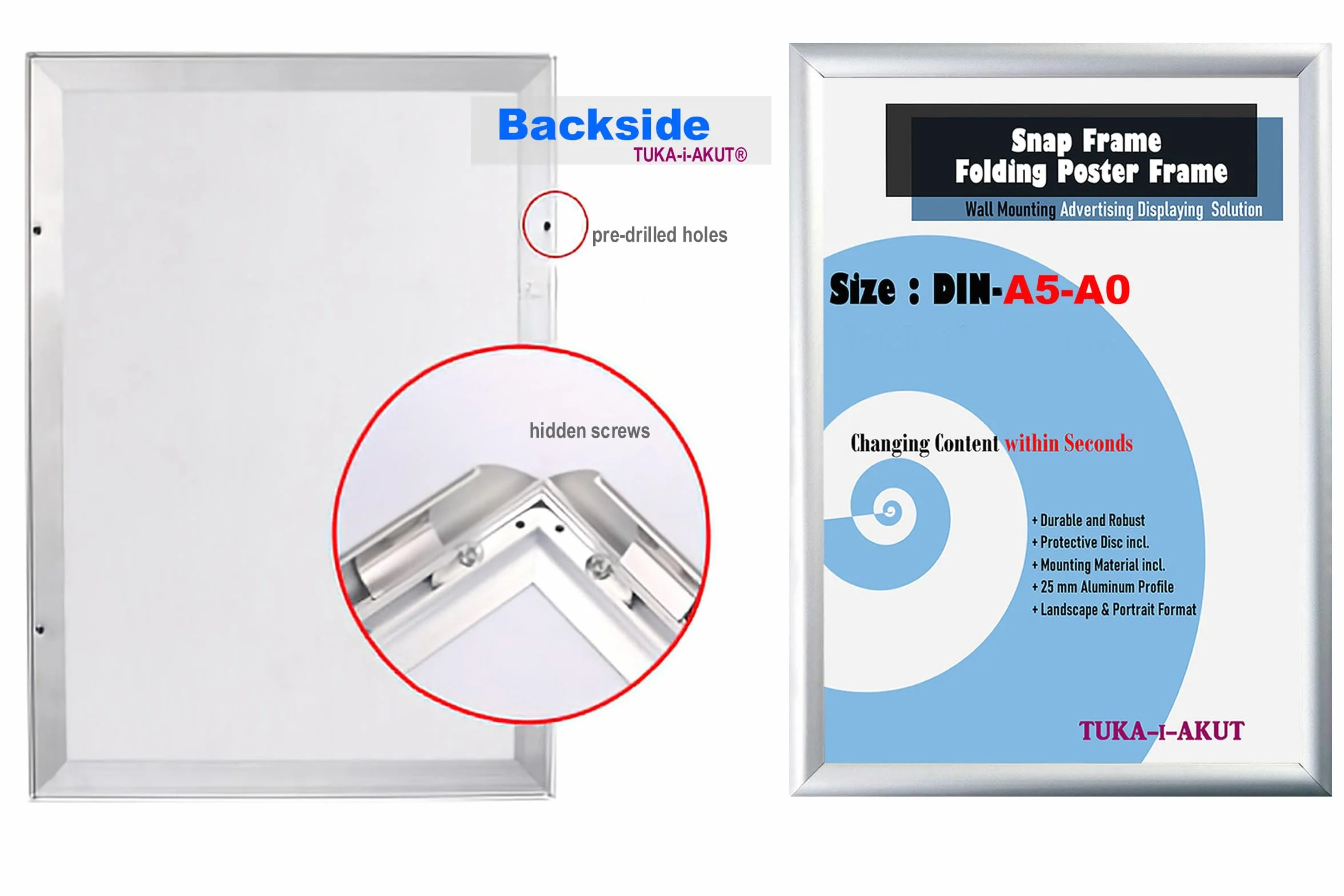 TUKA-i-AKUT TKD8420-A3-20X składana rama z aluminium, 25 mm, profil 25 mm, ramka na plakat, rama zatrzaskowa, składana z szybką ochronną, materiał mocujący, kolor srebrny, TKD8420-A3-20X