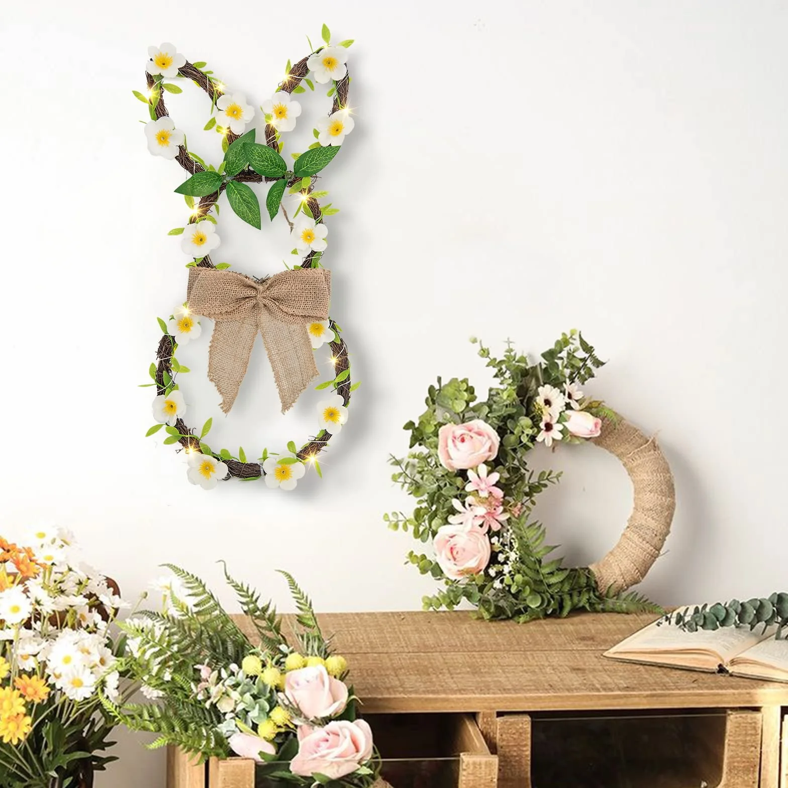 Wieniec wielkanocny z 25 diodami LED, ciepła biel, dekoracja wielkanocna, zajączek z lnianą kokardką i kwiatami, zasilany bateriami, dekoracja wielkanocna, z timerem, wieniec na drzwi na