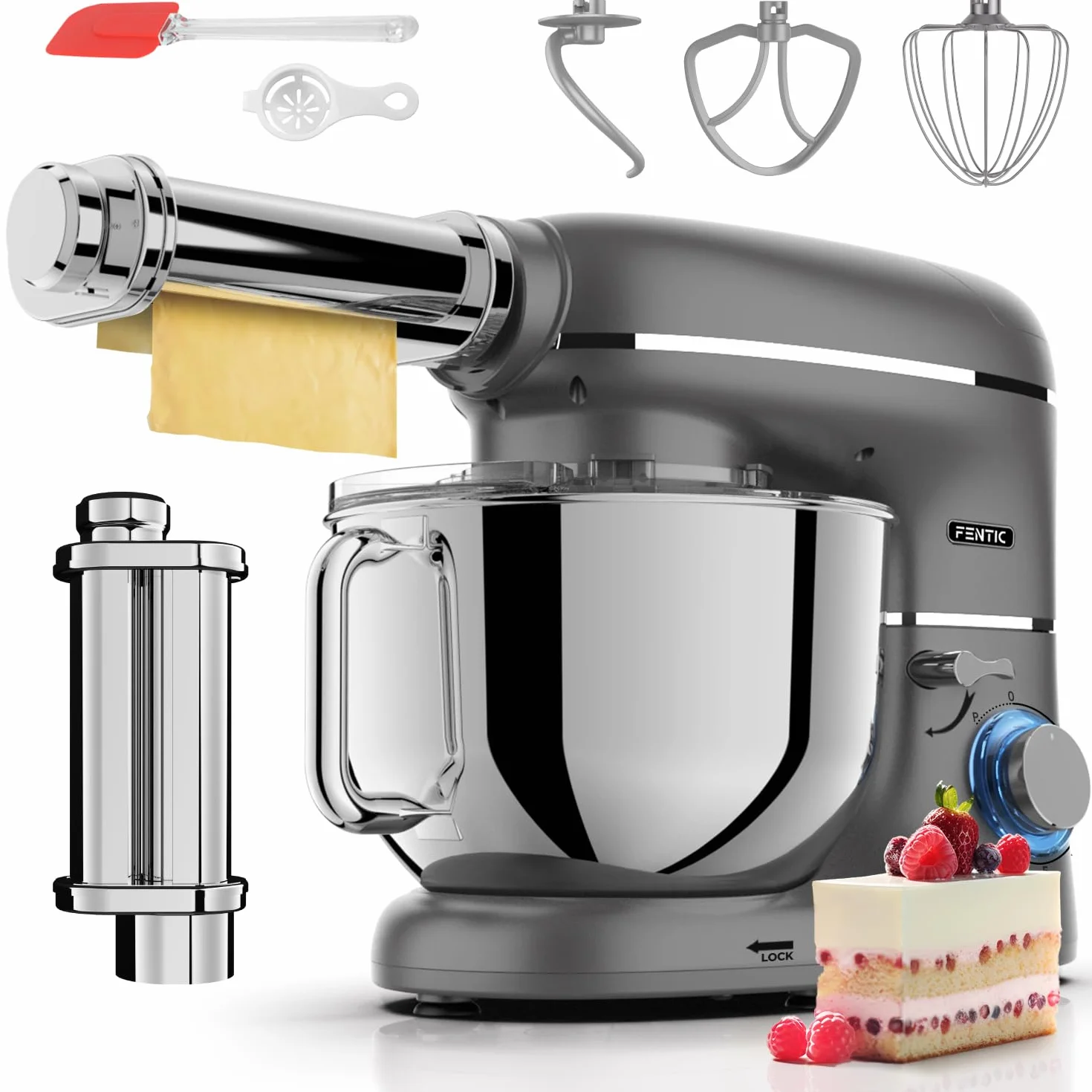 Młynek do ciasta z maszynką do makaronu – 2000W – mieszarka z maszynką do makaronu elektryczna – pasta maker - 6,2L stalowa misa do mieszania (szary)