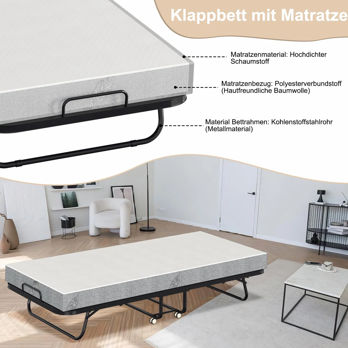 90 x 200 cm łóżko składane, pojedyncze łóżko z pianki o grubości 13 cm, łóżko dla dorosłych, łóżko dla gości, składane na kółkach, metalowe łóżko obciążenie 200 kg, do sypialni, biura, salonu
