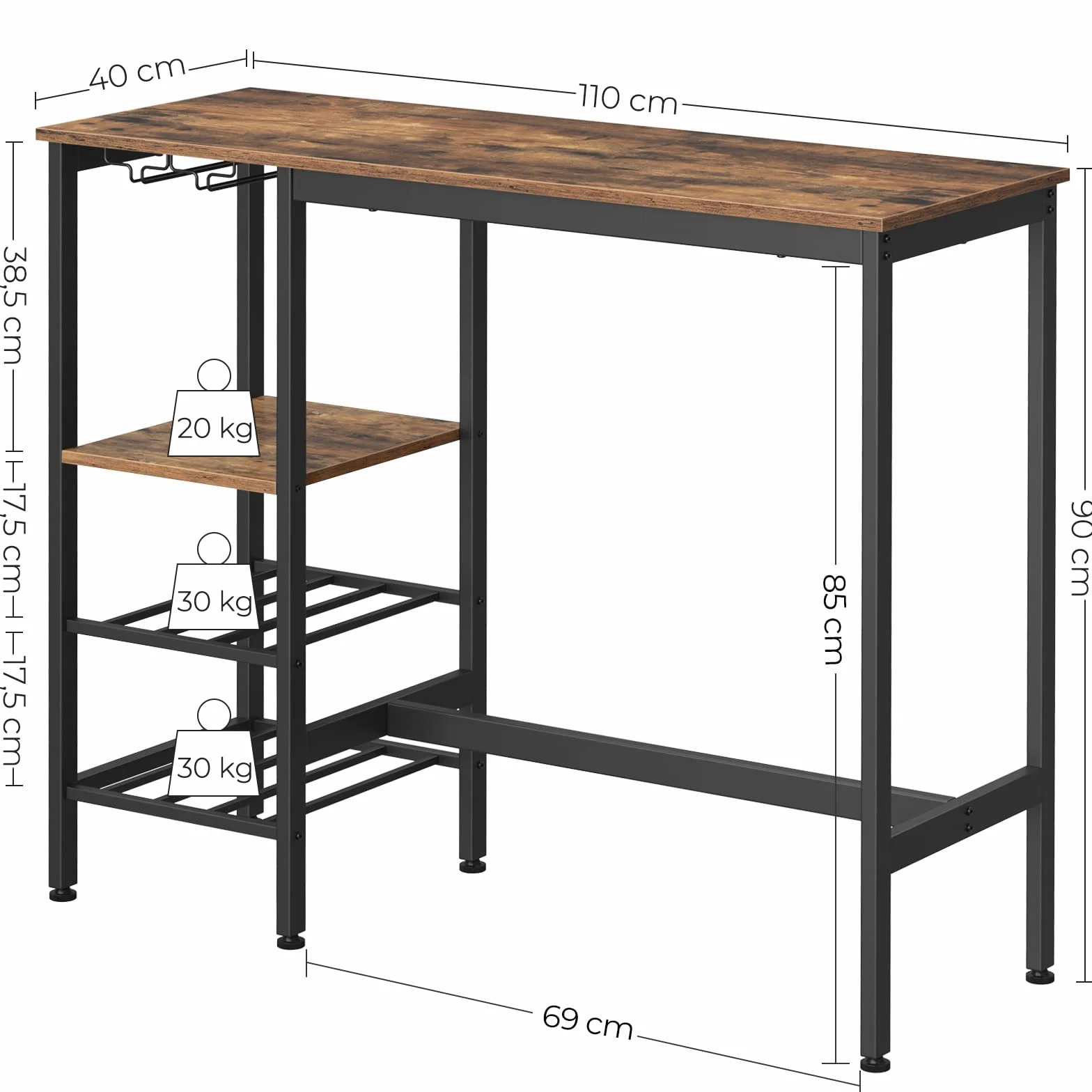 VASAGLE LBT013B01 wysoki stół, stół barowy z uchwytem na kieliszki do wina i stojakiem na butelki, do salonu, kuchni, 110 x 40 x 90 cm, industrialny, rustykalny brązowo-czarny