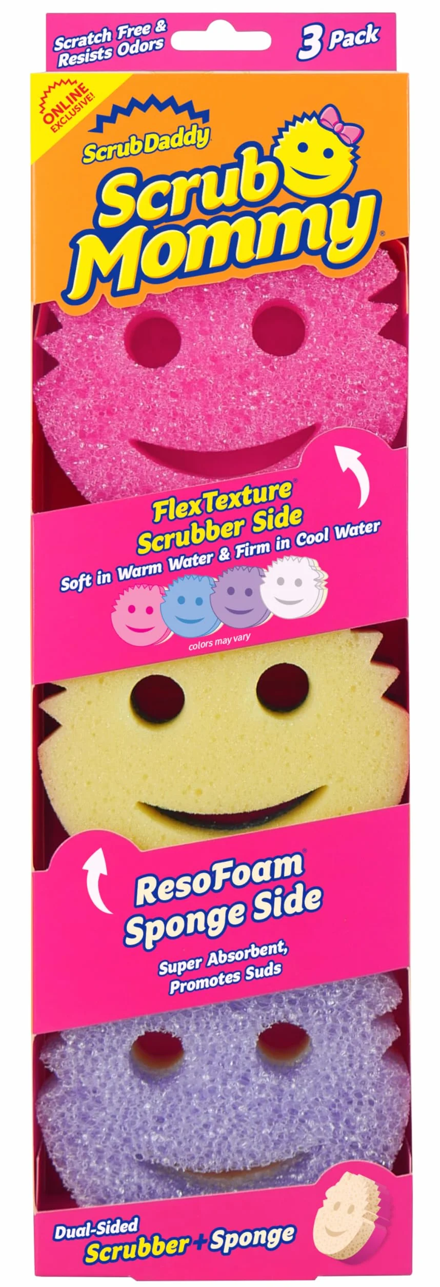 Scrub Daddy Gąbki Scrub Mommy gąbka do szorowania naczyń + gąbki do czyszczenia kuchni, łazienki i wielu powierzchni – dwustronne, dostępne wyłącznie online (3 szt.)