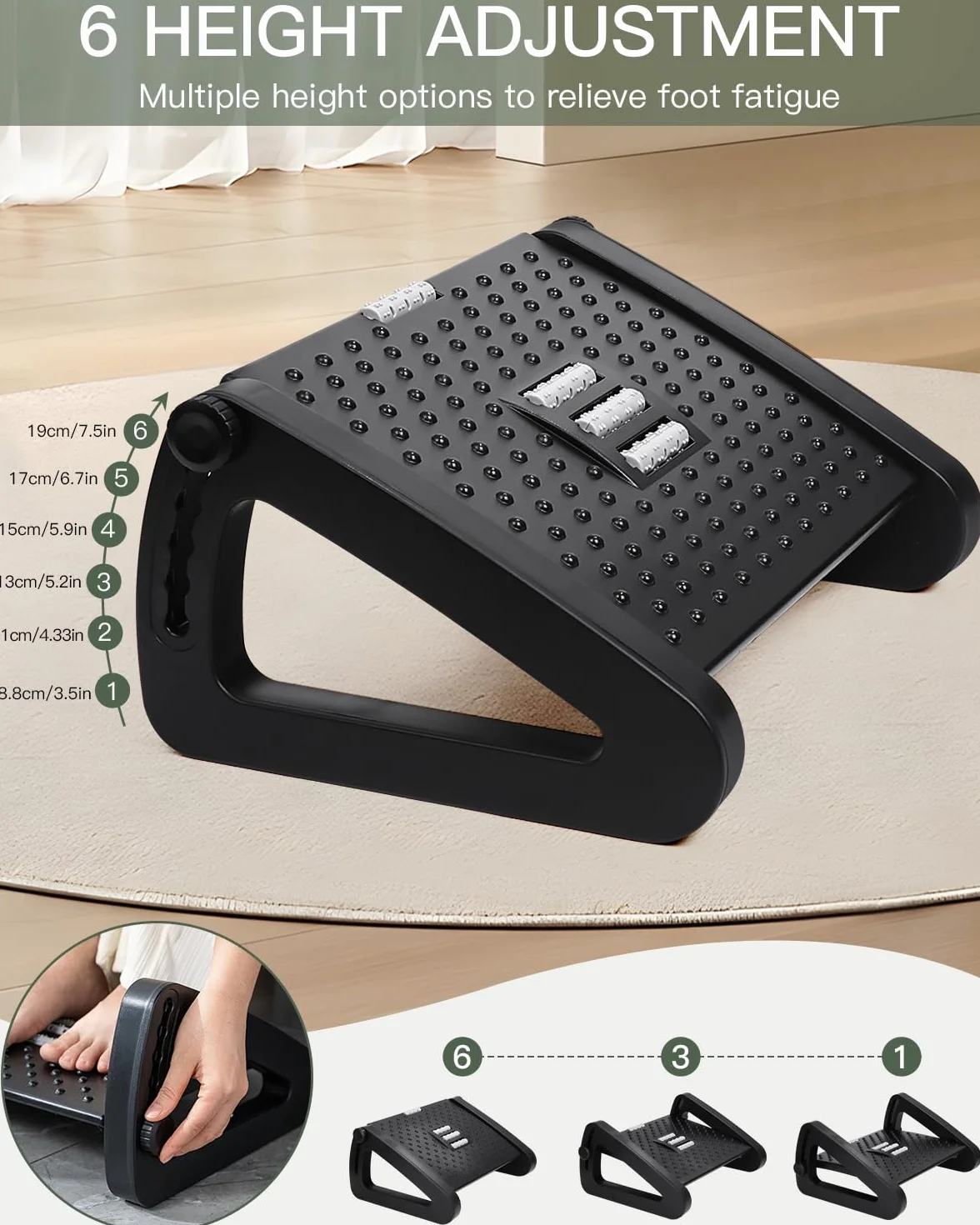 Regulowany podnóżek,Ergonomiczny podnóżek z 6 Regulowaną wysokością i kątem, antypoślizgowy stołek do domu, biura i podróży, użyteczny pod biurkiem