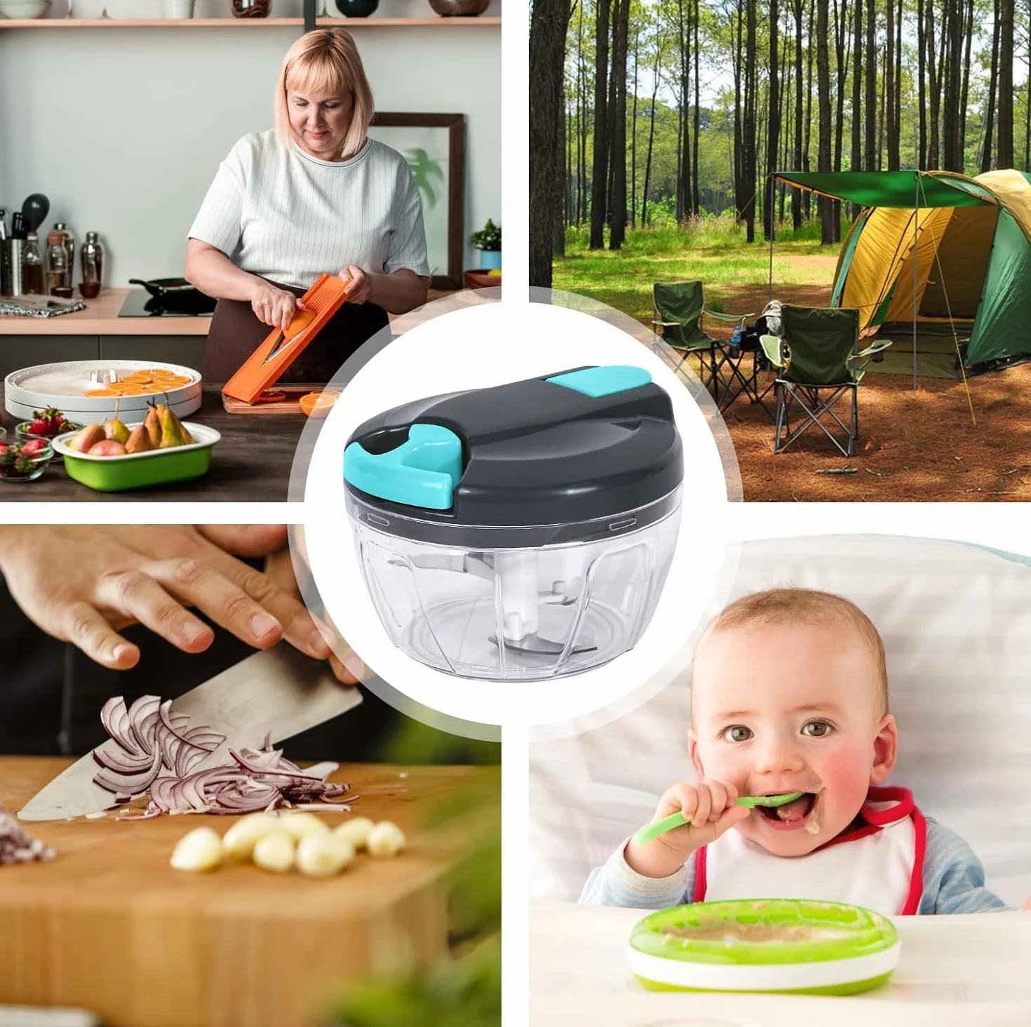 Krajalnica do cebuli, 520 ml Krajalnica do warzyw Ręczny siekacz do cebuli ze wspomaganiem, siekacz do cebuli Siekanie i miksowanie w 10 sekund Zwiebelschneider (Grau Blau)