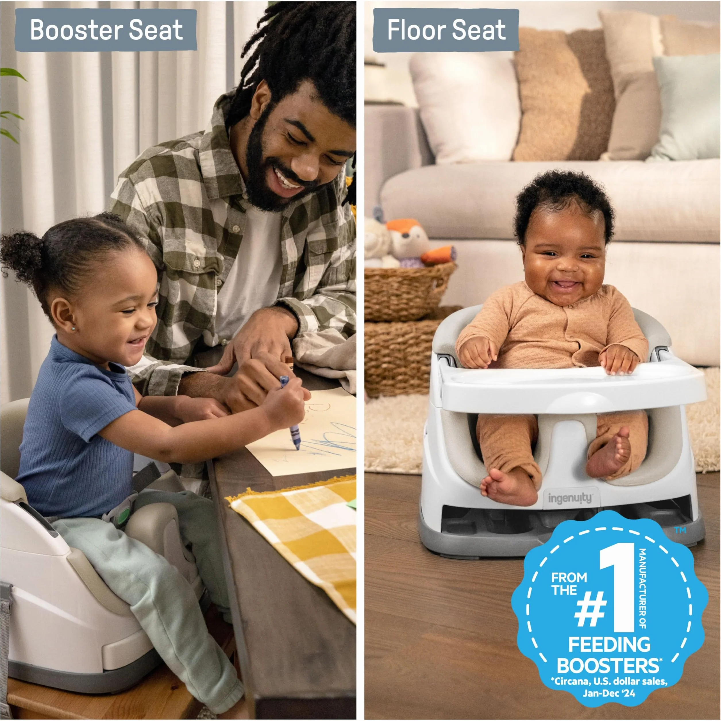 Ingenuity Baby Base 2 w 1, fotelik dziecięcy w kolorze kaszmirowym, fotel podwyższający, siedzisko do jadalni i karmienia dla małych dzieci, łatwe do czyszczenia, ze zdejmowaną i samoskładującą się tacą, dla dzieci od 6 miesięcy
