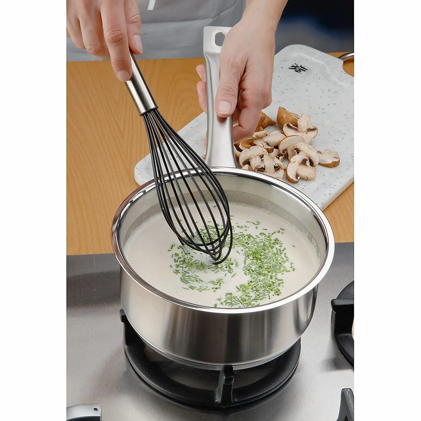 WMF Profi Plus Trzepaczka z Drutami Silikonowymi 25 cm, Matowa Stal Nierdzewna Cromargan, Silikon, Nadaje Się do Mycia w Zmywarce, Odporna na Temperaturę do 200°C