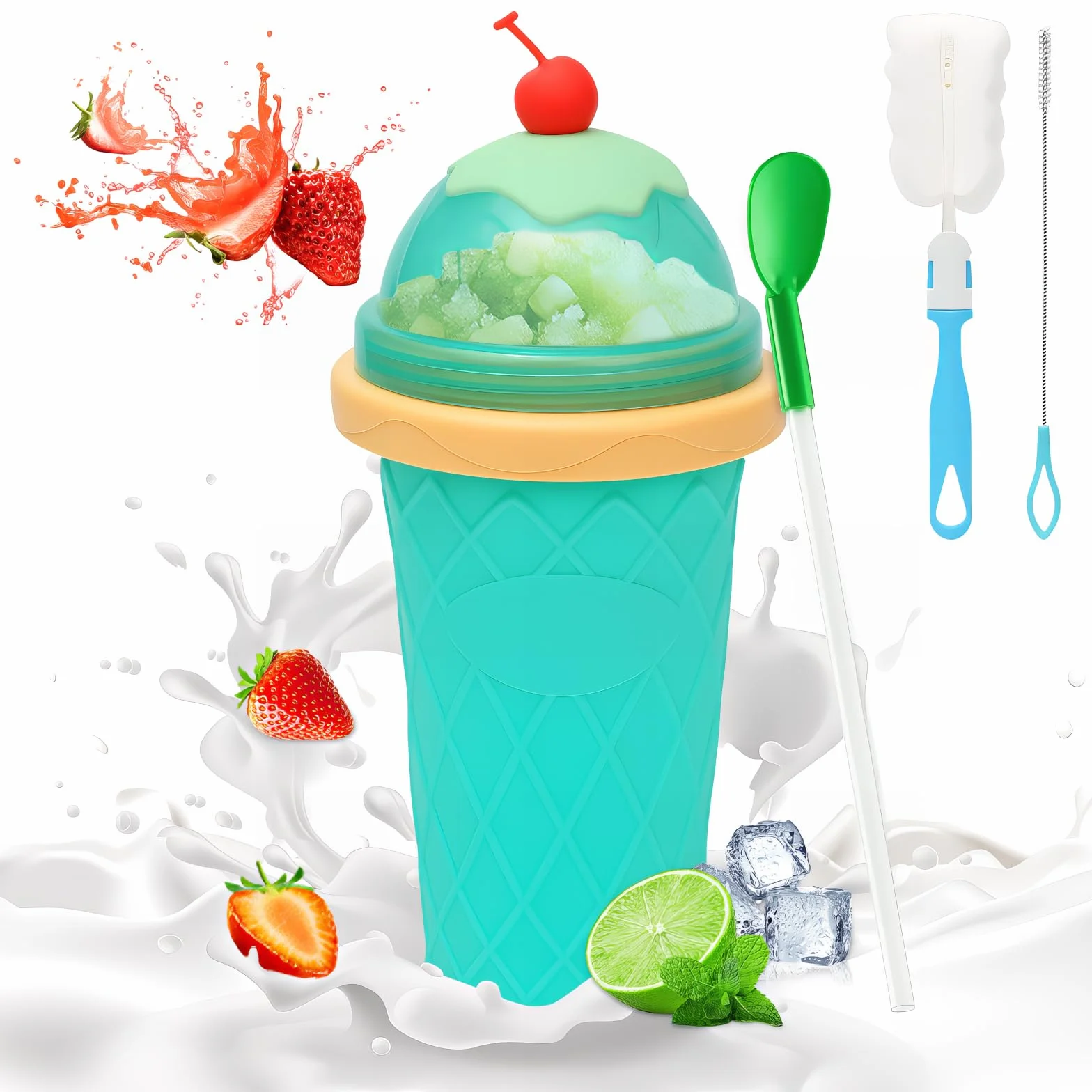 Bugucat Kubek Slush, Slushy Maker Kubek Slushie 350ML, slushi Ice Maker, Silikonowy Kubek do Ściskania z 2-w-1 Słomką i Łyżeczką, Przenośny Kubek Slushi Maszyna do Lodu Slush, Jasnozielony