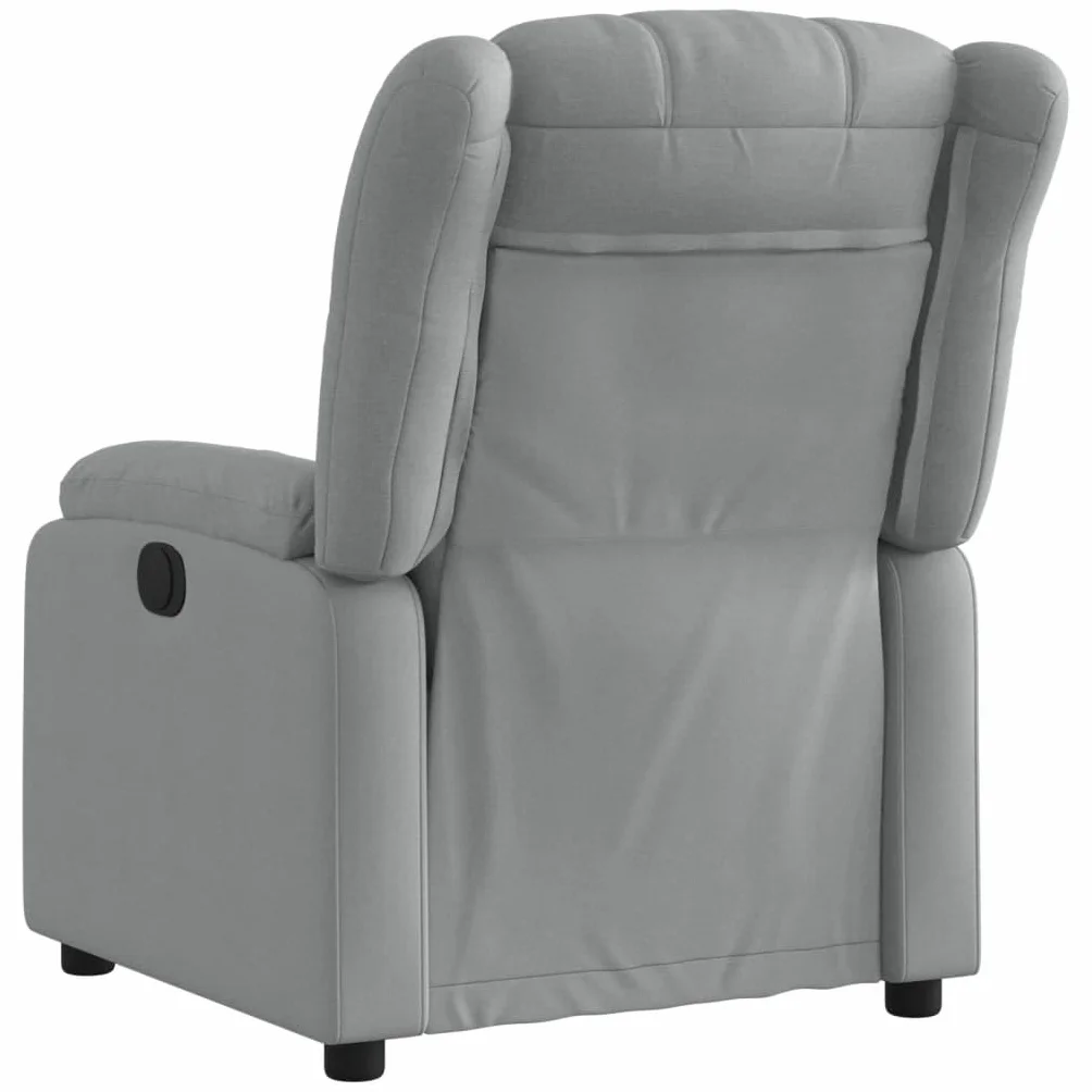 Fotel relaksacyjny, elektryczny, jasnoszary, materiał z funkcją leżenia, regulowany, wygodne siedzisko z podłokietnikami, metalowa i drewniana rama, ergonomiczny do salonu, kącika do czytania