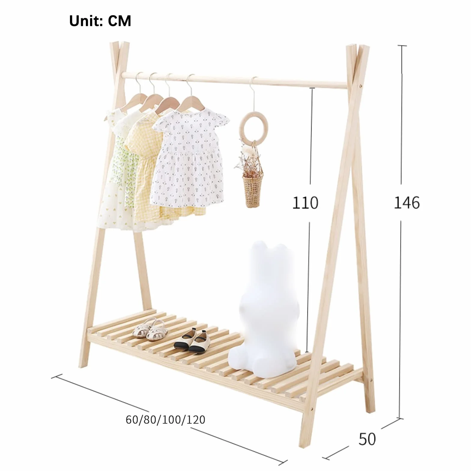 Stojak na ubrania dla dzieci, stojak na ubrania, stojak wystawowy do sklepu odzieżowego, półka organizera do domu, sypialni, szkoły, przedszkola, sukienki,Wood Color-120x50x146CM