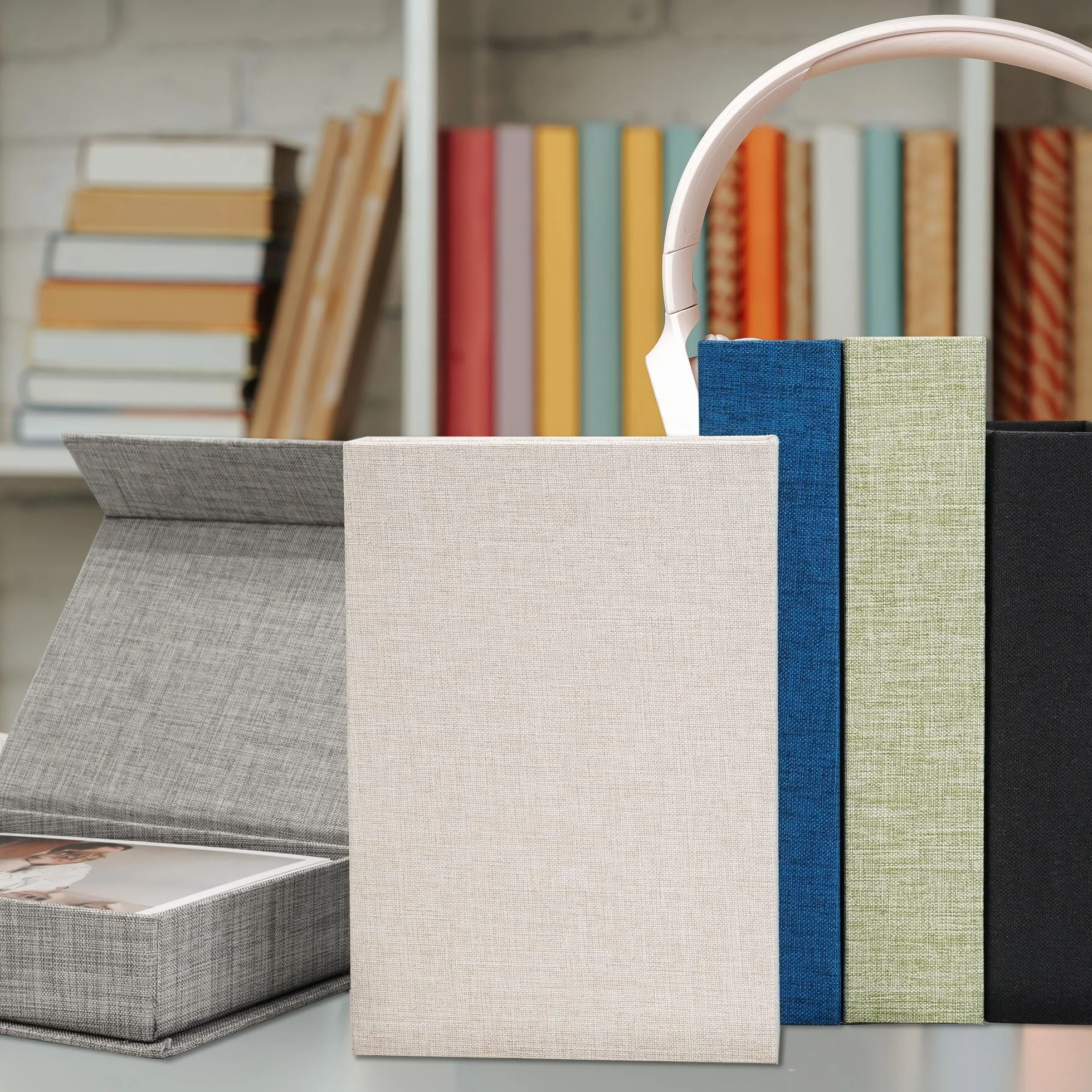 Vienrose Lniane pudełko na zdjęcia, pudełko na zdjęcia 10 x 15 cm i pudełko z pamięcią na zdjęcia, zdjęcia i pocztówki, pudełko na pamiątki prezentowe, szare
