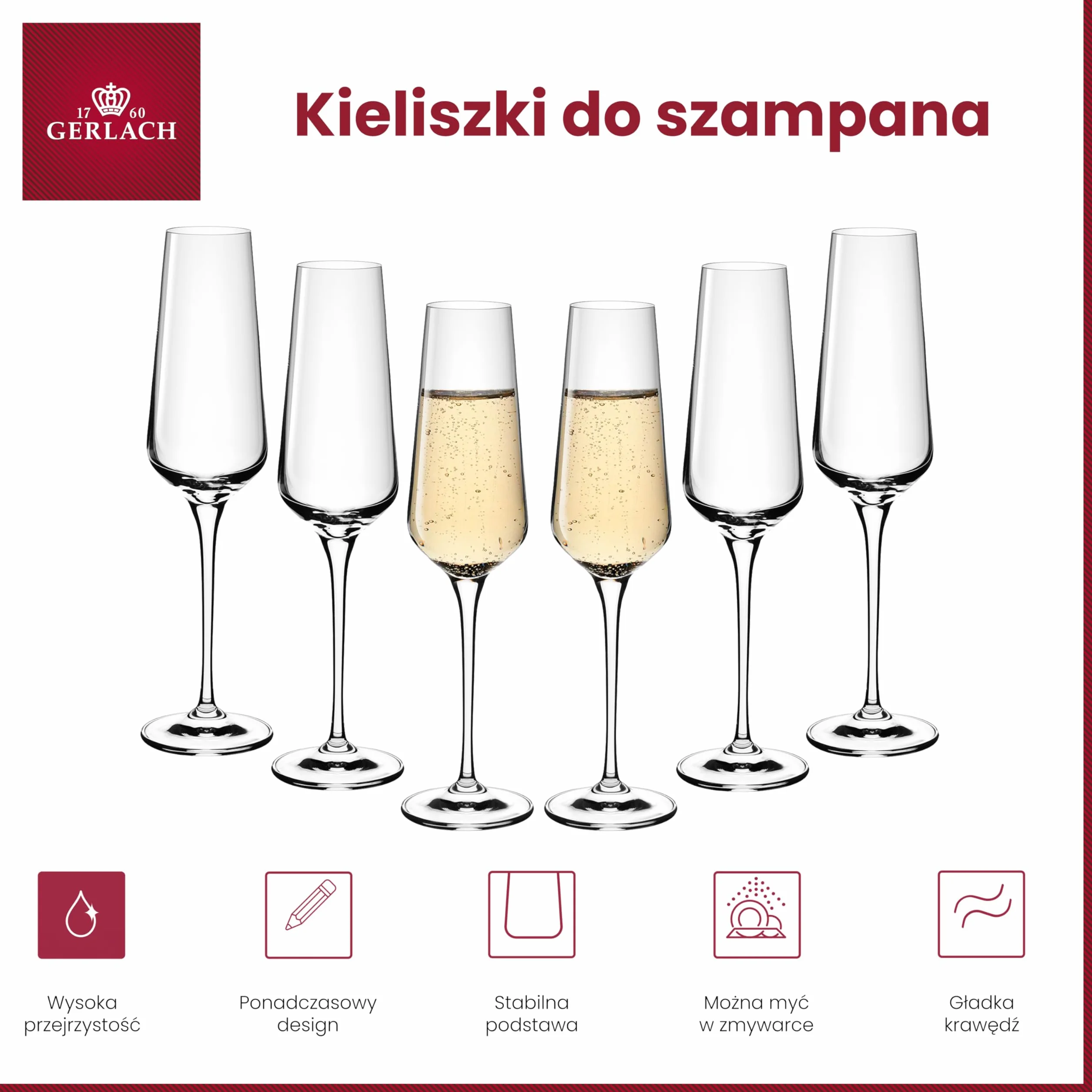 Gerlach 1760 Kieliszki do szampana, 6 sztuk, 200 ml, kieliszek do szampana, nadają się do mycia w zmywarce, nowoczesne