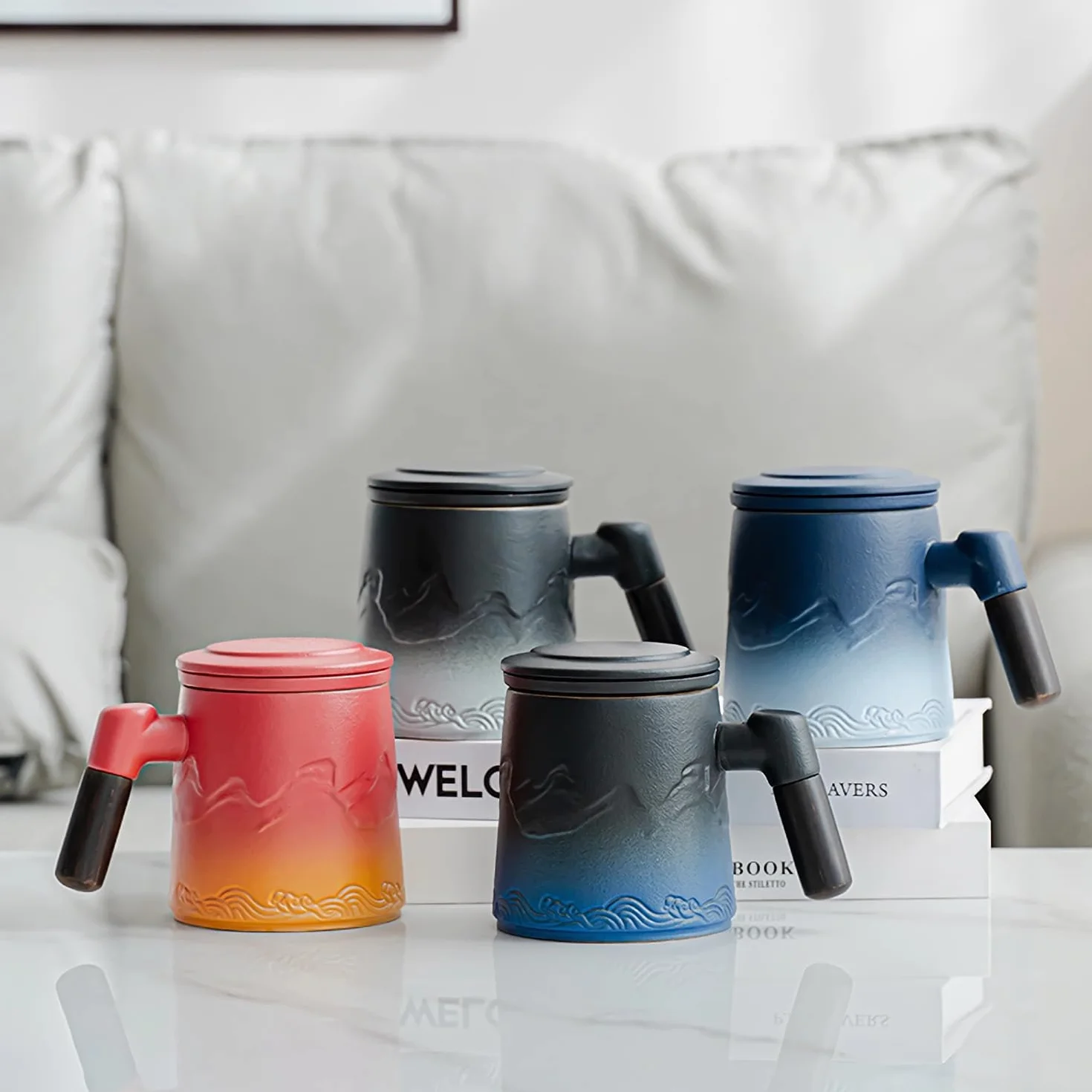 Filiżanki do herbaty z sitkiem i pokrywką, 360 ml, matowa ceramiczna filiżanka do herbaty z gradientowym wzorem, drewniany uchwyt, kubek do herbaty dla miłośników herbaty, prezent dla miłośników