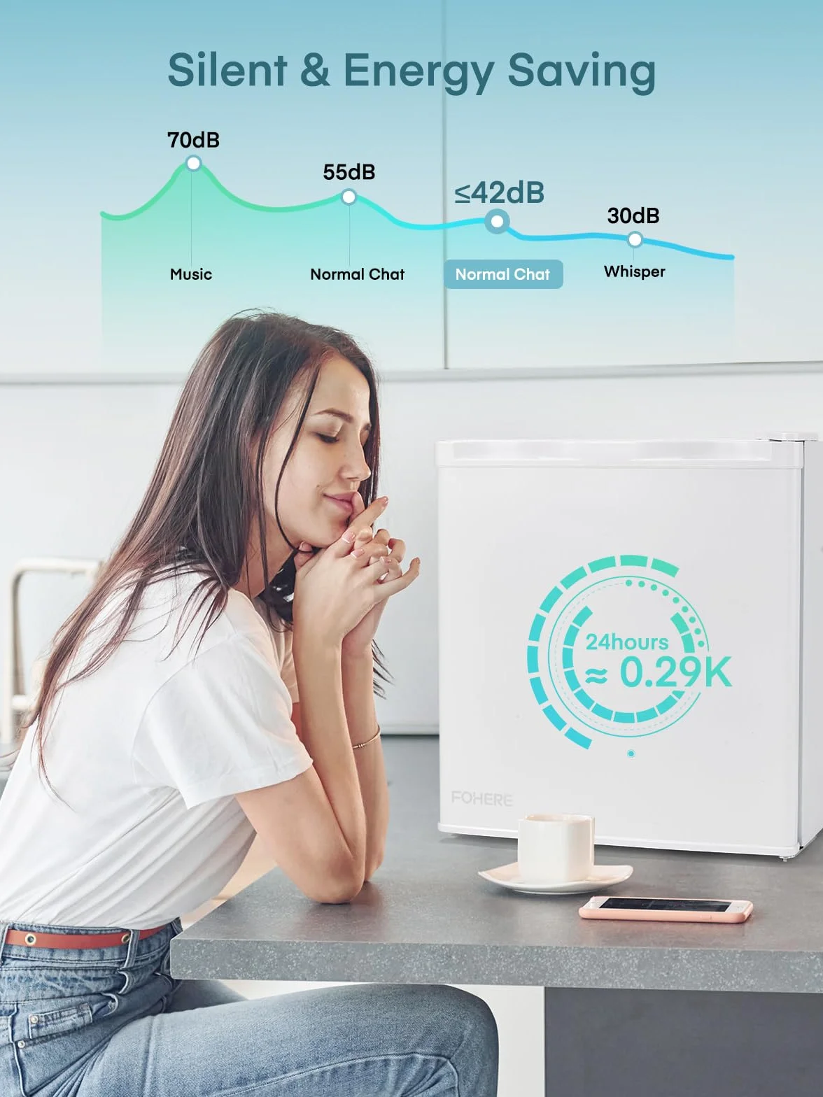 Mini lodówka FOHERE 46 l z komorą na lód | Chłodziarka do napojów | Kontrola temperatury, energooszczędna, cicha | Mała lodówka idealna do kuchni, biura, sypialni | Odwracalne zawiasy drzwi | Biała