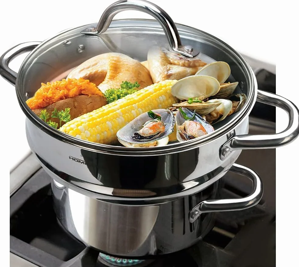 HOMICHEF Zestaw 3 parowarów do żywności, bez niklu, ze stali nierdzewnej (duża wkładka 24 cm z pokrywką, garnek 20 cm), kosz do gotowania na parze, 3 szt