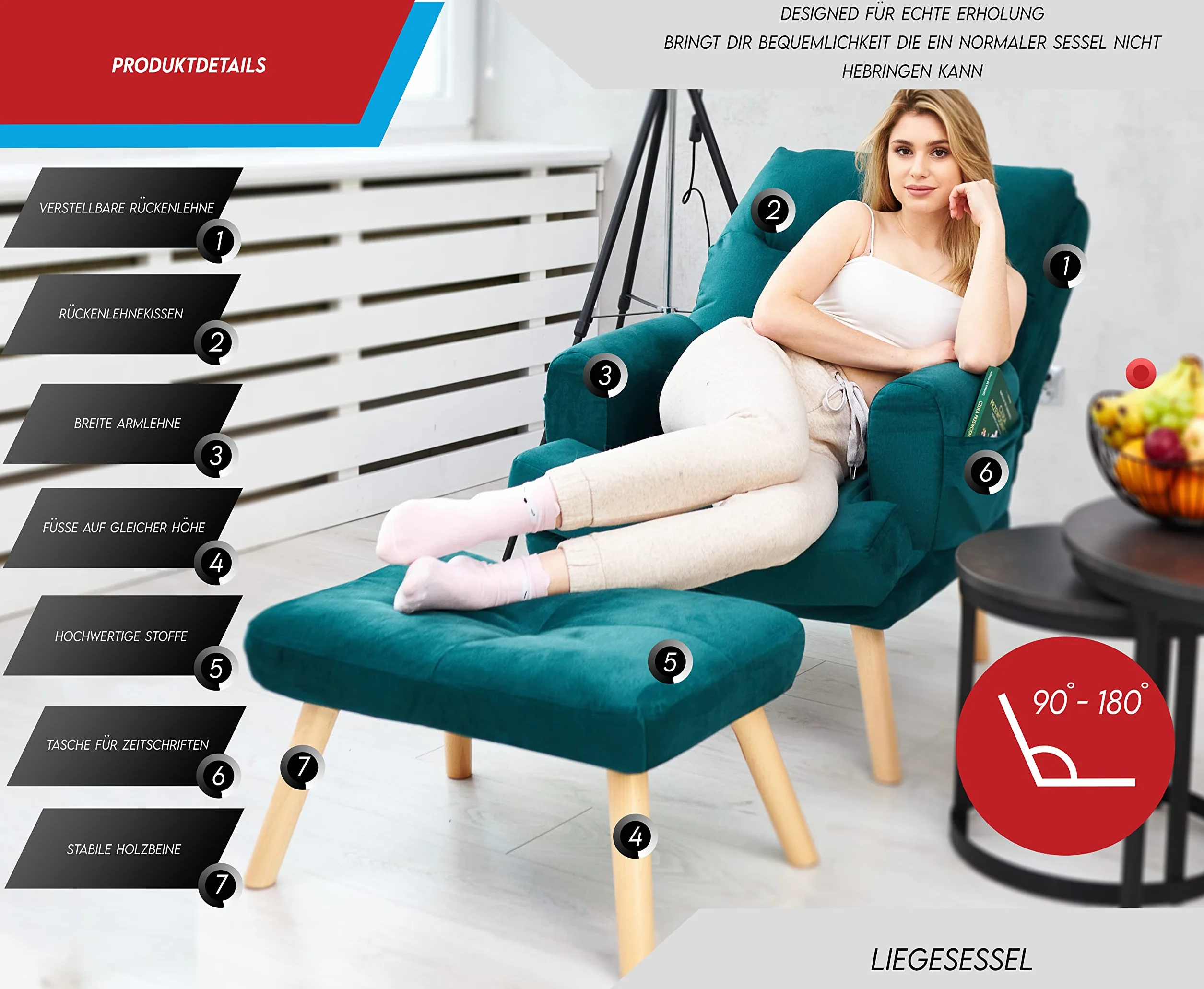 Grekpol - Fotel NEMO, nowoczesny fotel do salonu, sypialni z 5-stopniową regulacją, styl skandynawski (Solo 261 Blue)
