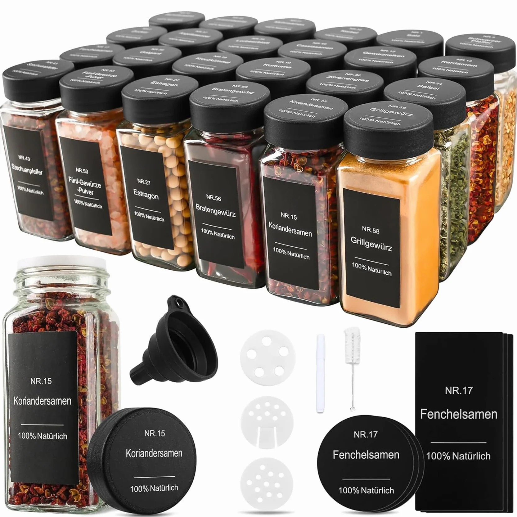 Słoiki na przyprawy z wkładem do posypywania, 24 x 120 ml + 192 wodoodporne etykiety, hermetyczne, prostokątne, szklane pojemniki na przyprawy, zestaw pojemników na przyprawy, puste pojemniki