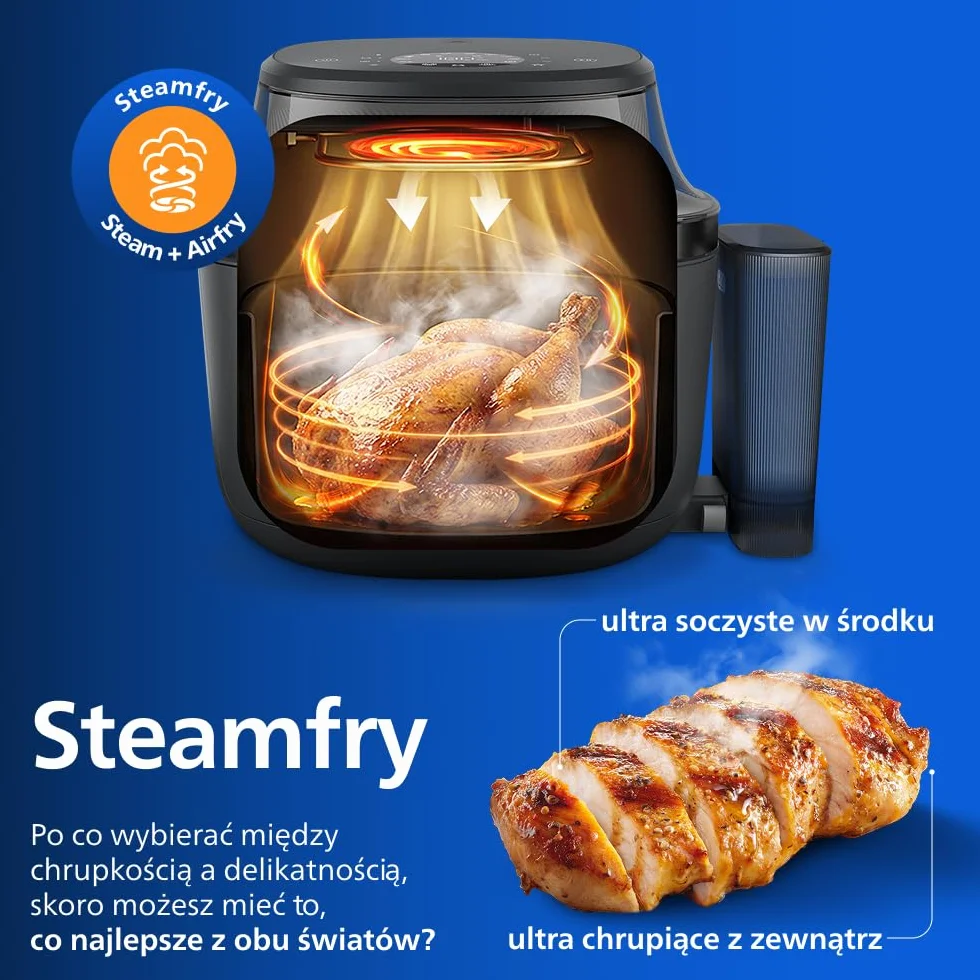 Philips Ovi z parą - Steamfry, Gotowanie na parze i Airfry - 21 sposobów gotowania; Pojemność 7,2 l, Technologia RapidAir, Okienko, Powłoka ceramiczna, Automat. czyszczenie parą (NA540/00)