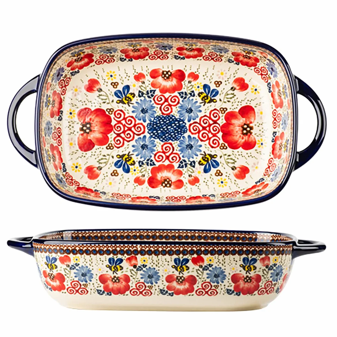 Ceramiczne naczynia do pieczenia w stylu vintage kwiaty patelnia do pieczenia lasagne patelnie do pieczenia z uchwytami do piekarnika/gotowania / kuchni - 1 szt. - czerwone kwiaty - 1700 ml