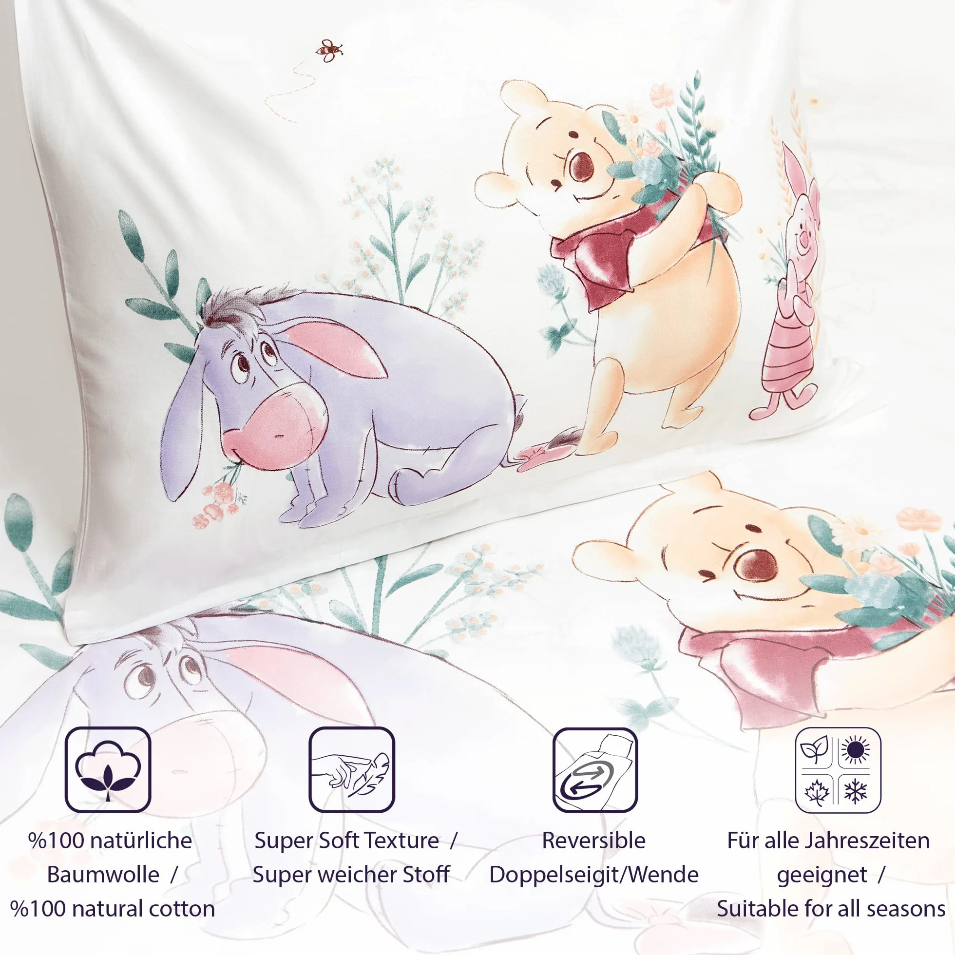 Disney Home Winnie The Pooh komplet pościeli dziecięcej 100 x 135 – poszewka na poduszkę 40 x 60 cm – miś puchatek i prosiaczek – pościel dziecięca – super miękka bawełna Renforce 100% bawełna,