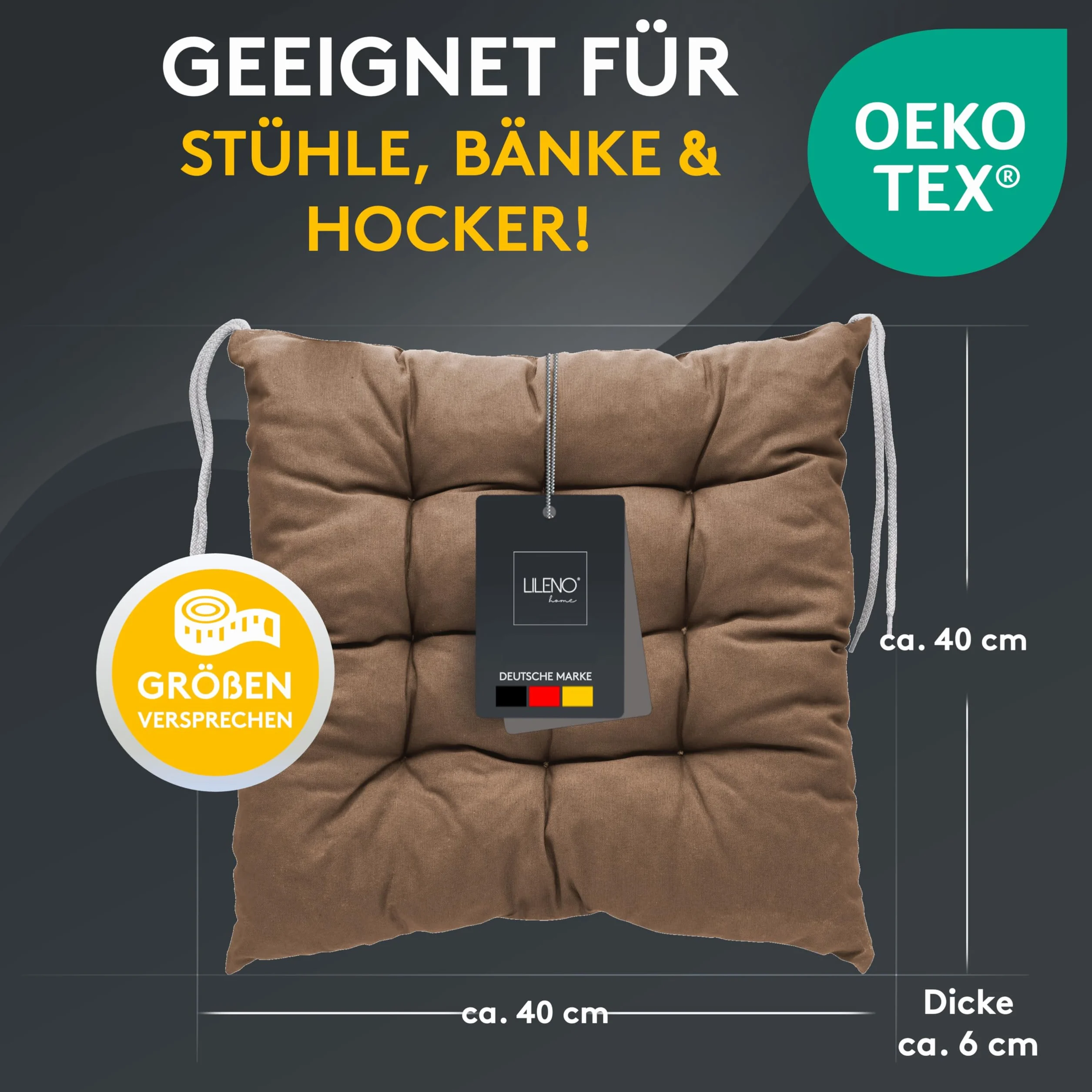LILENO HOME Zestaw 2 dwustronnych poduszek na krzesło, brązowe (40 x 40 x 6 cm) – poduszki na krzesło ogrodowe, do kuchni lub jadalni – do użytku wewnątrz i na zewnątrz jako poduszka na krzesło (Linda