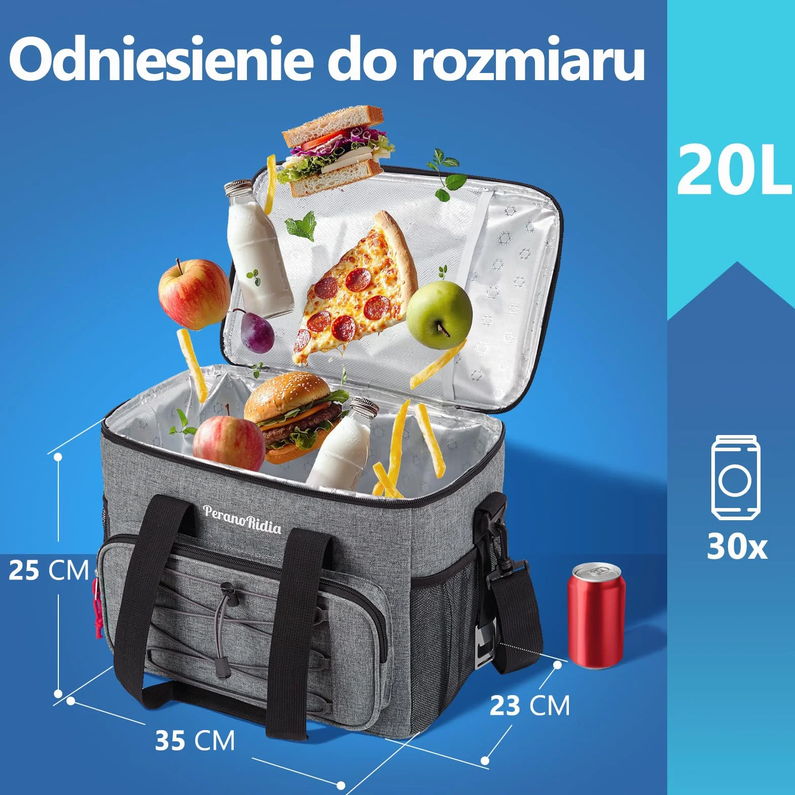 Miękka torba chłodząca 20L, Izolowana średnia żywność, piknikowa Termiczna dla mężczyzn, kobiet i dorosłych, Spakowana plażę, kemping, grill, rodzinne zajęcia na świeżym powietrzu, Szara