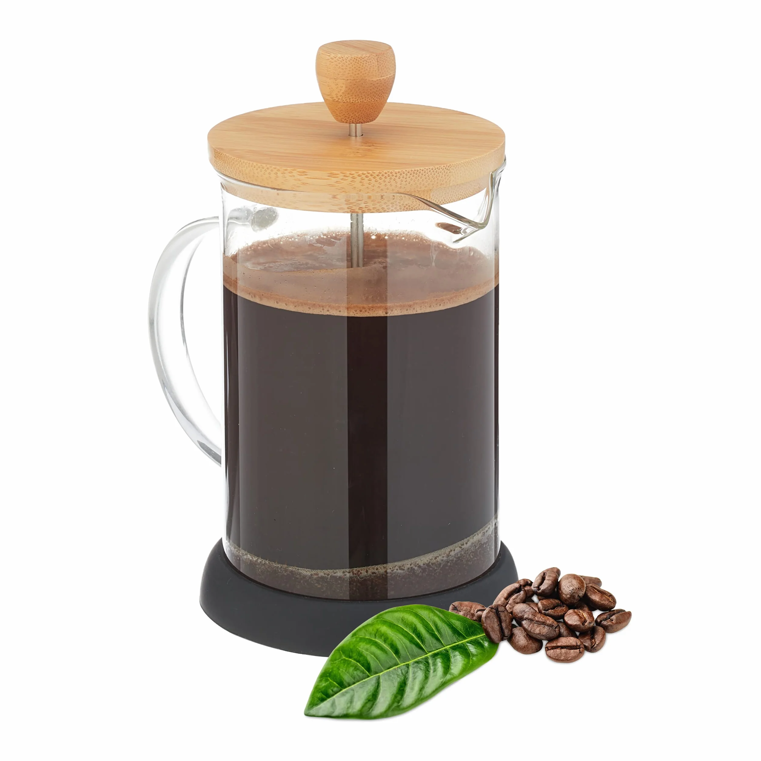 Relaxdays Zaparzacz do kawy, ręczny dzbanek do stempli, wkład sitowy, 800 ml, szkło, pokrywka bambusowa, zaparzacz do herbaty, przezroczysty/naturalny