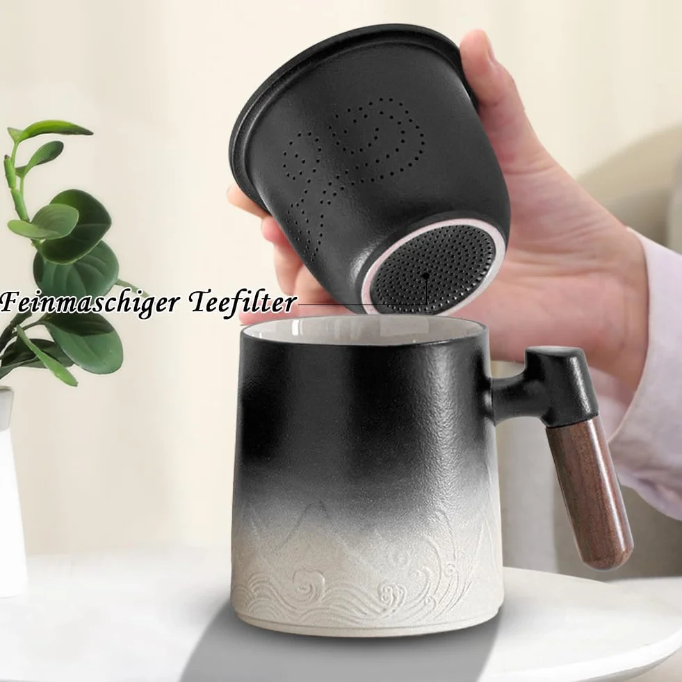 LOMUG Filiżanka do herbaty z pokrywką i sitkiem, 450 ml, duży kubek do herbaty z sitkiem, ceramiczny, do codziennego użytku i biura, prezent dla taty, dziadka, rodziny i przyjaciół, do namaczania