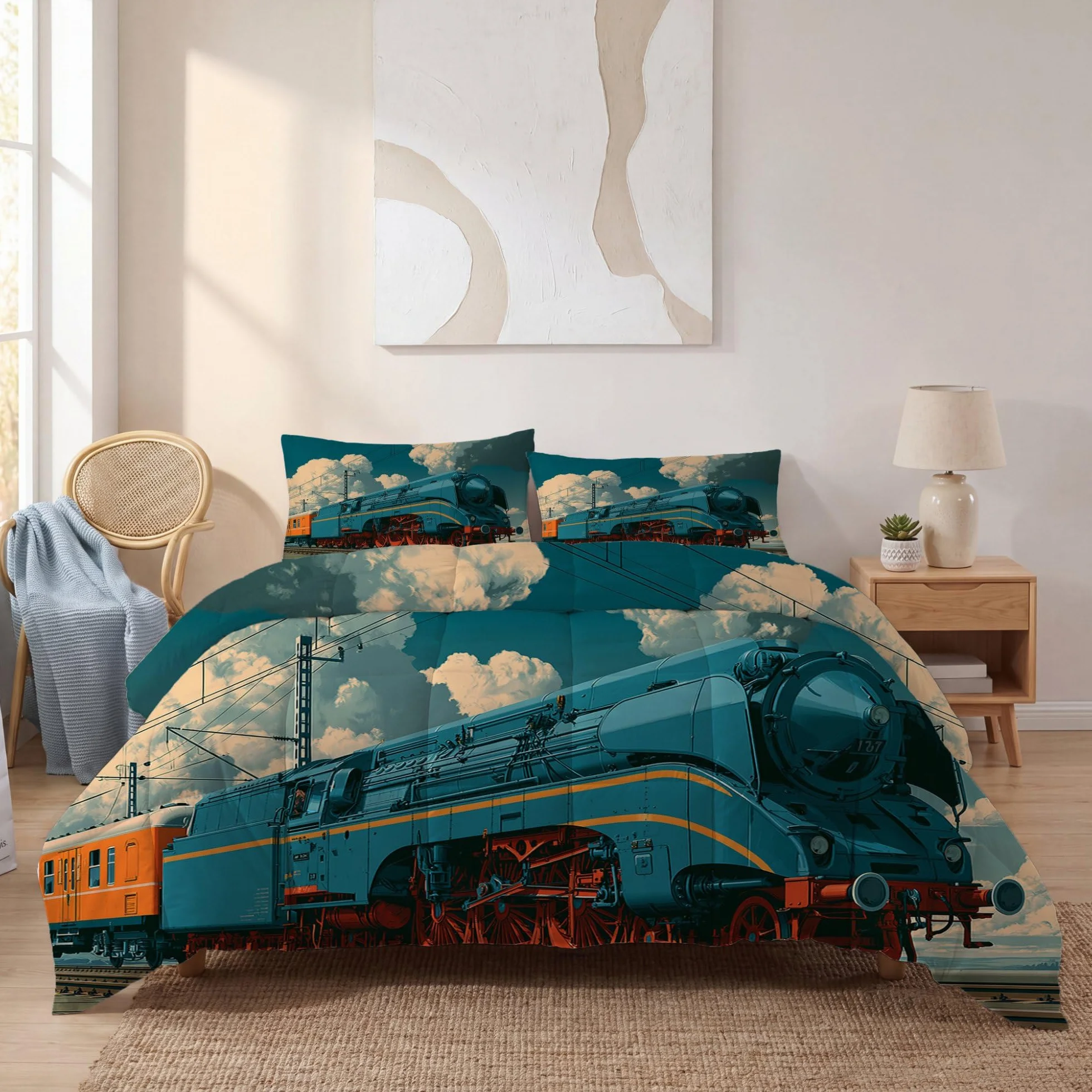 Vintage nostalgiczny pociąg parowy, tor kolejowy, niebo, poszewka na kołdrę, super king size (260 x 220 cm) 4,5 Tog, letnia kołdra z nadrukiem, dwustronna, lekka pościel z 2 poszewkami na poduszki (50