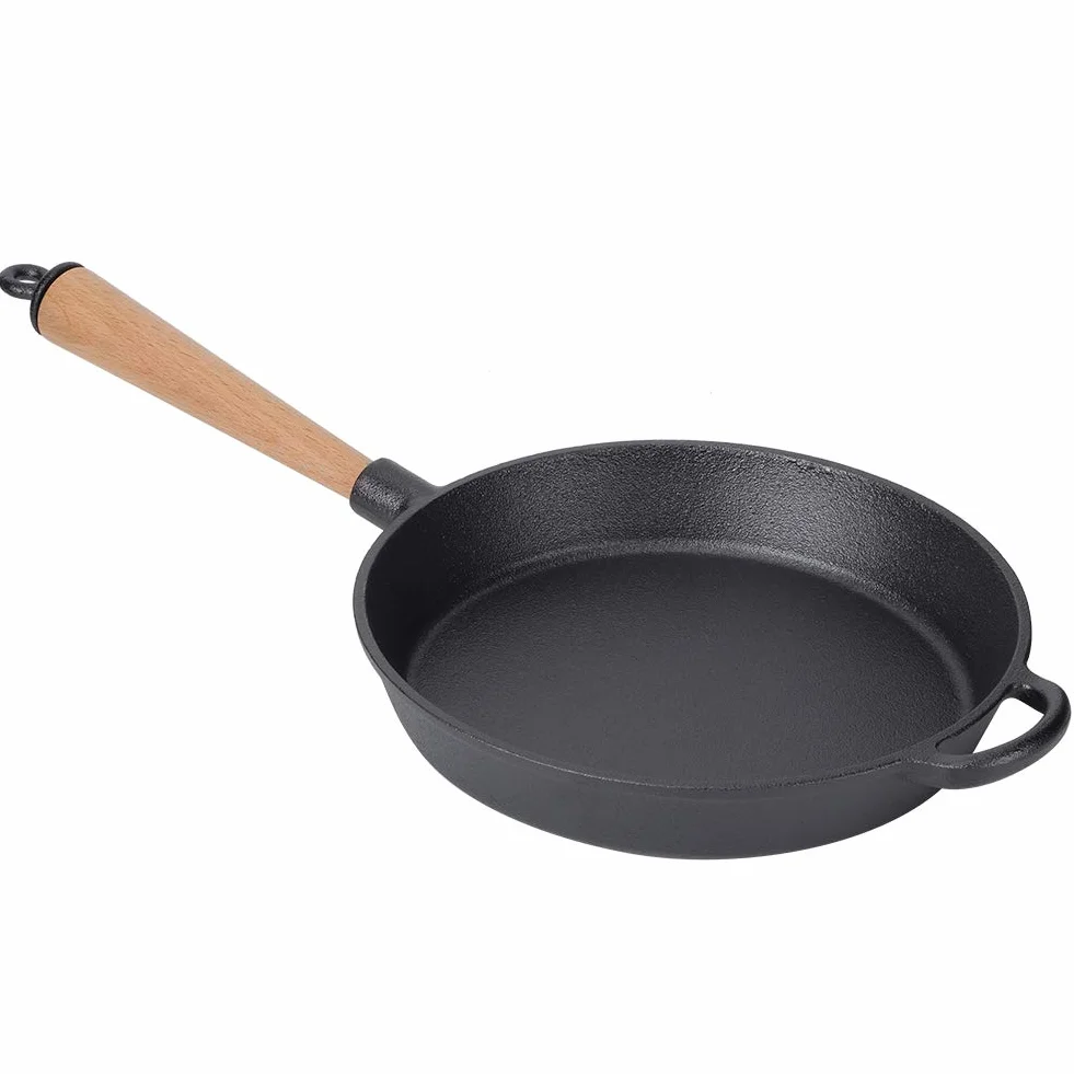 Patelnia żeliwna Patelnia do steków Gruba, wytrzymała patelnia z odpinanym drewnianym uchwytem do kuchni, restauracji Do użytku domowego Czarny 22 cm 24 cm 26 cm (Patelnia z drewnianą rączką o