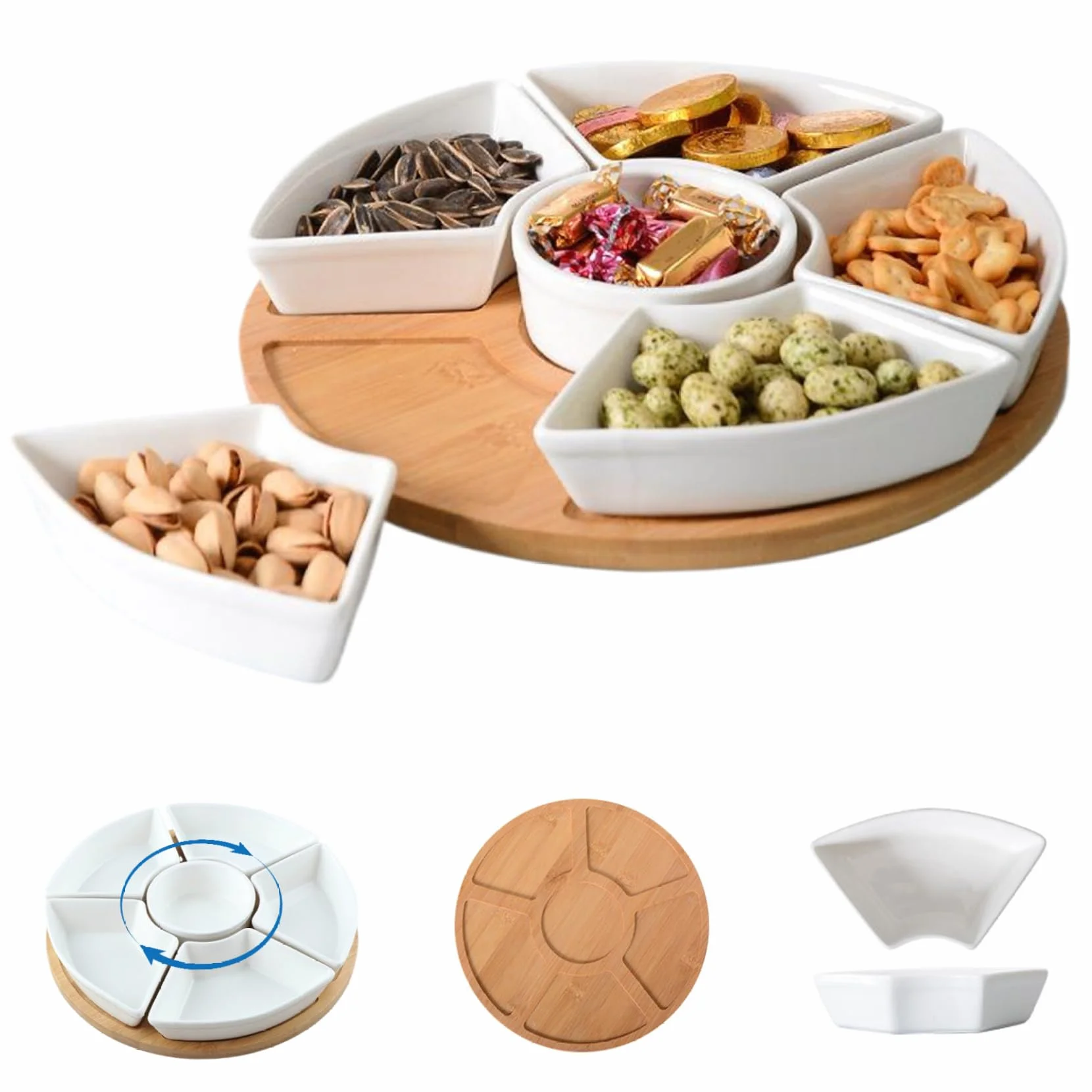 Obrotowy zestaw do dipów i ceramiczne talerze do serwowania, podzielona miska na warzywa i owoce, obrotowa taca na przekąski na imprezy, zdejmowane naczynia do serwowania, idealna do rozrywki.