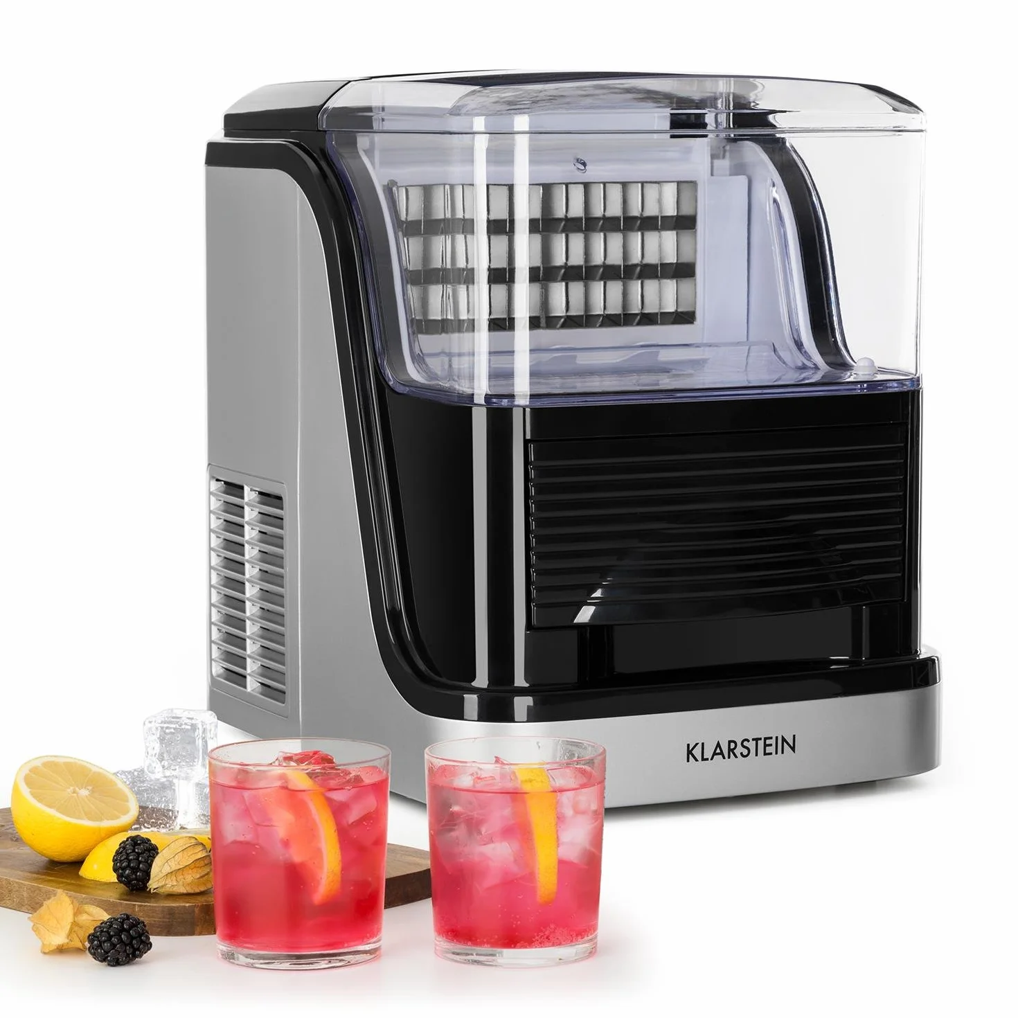 Klarstein Kristal Ice Edition - Maszyna do lodu kryształowego, kostkarka do lodu, zbiornik 2,5 l, 2 rozmiary kostek, wyświetlacz poziomu wody i lodu, system cyrkulacji: kształt kostek do topienia, R600a, do 15 kg/godz., srebrny